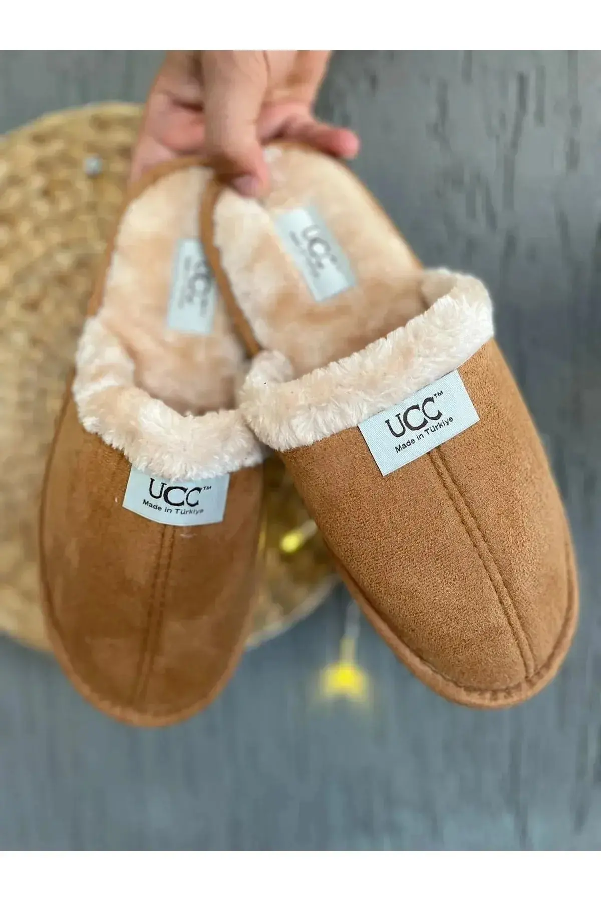 NOVİNS Unisex Taba Rengi Yumuşak Tabanlı Pofuduk Sıcak Astarlı Ev Bahçe Bohça Terliği