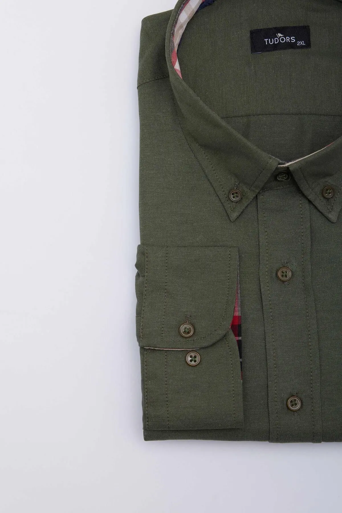 Erkek Büyük Beden Rahat Kesim Pamuklu Kolay Ütülenebilir Düğmeli Yaka Düz Haki Spor Gömlek