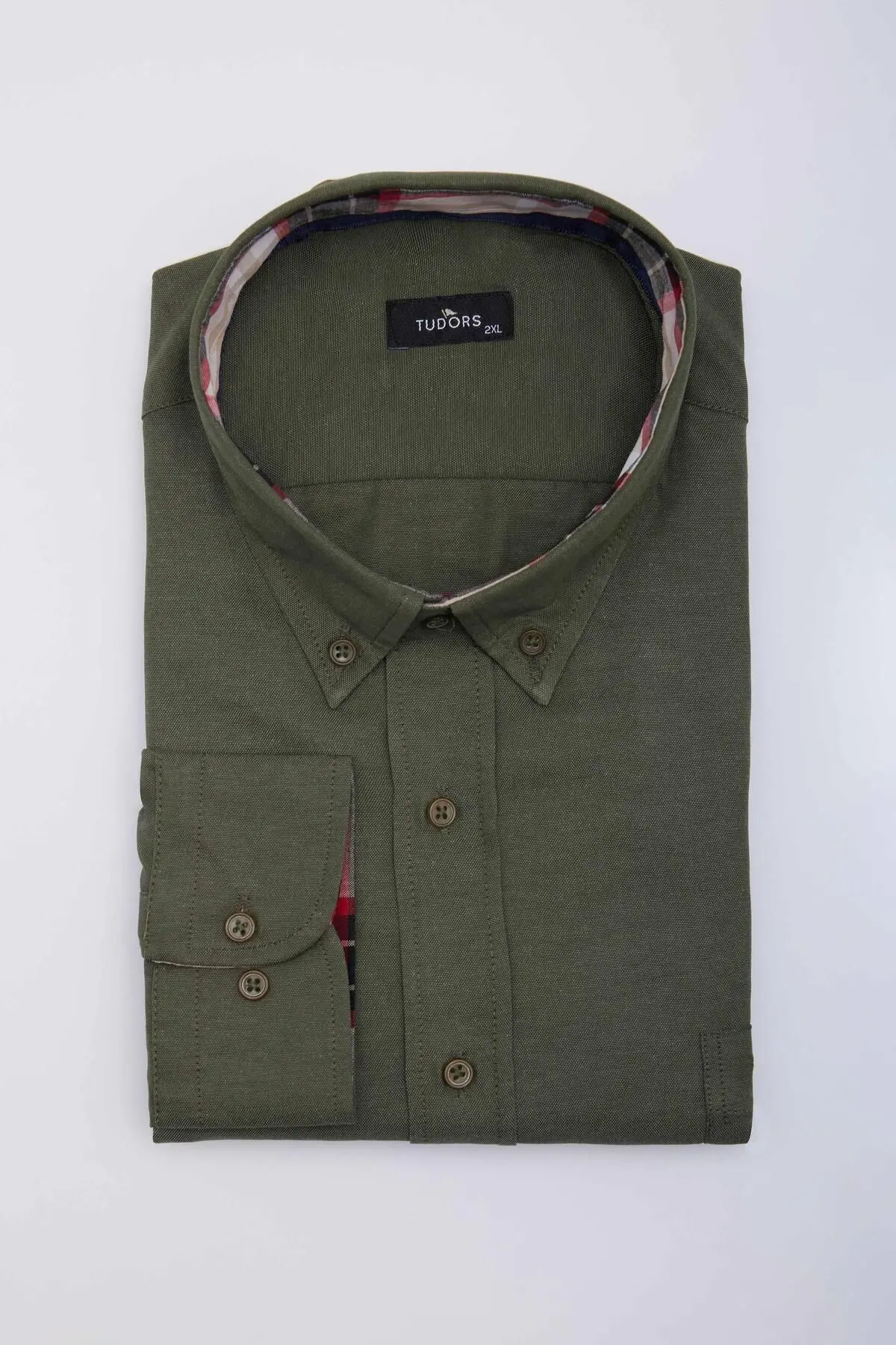 Erkek Büyük Beden Rahat Kesim Pamuklu Kolay Ütülenebilir Düğmeli Yaka Düz Haki Spor Gömlek