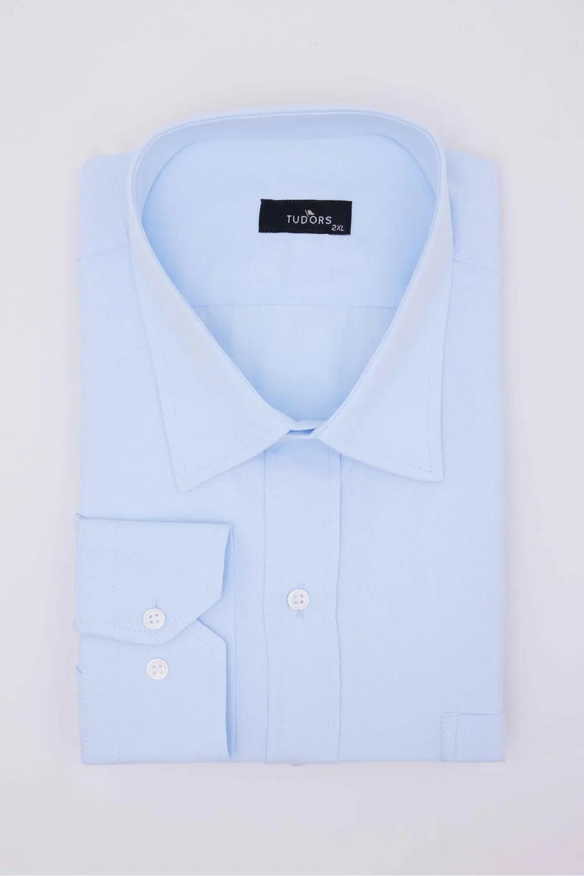 Büyük Beden Uzun Kollu Kolay Ütü Kravatlık Armürlü Pamuklu Mavi Erkek Gömlek