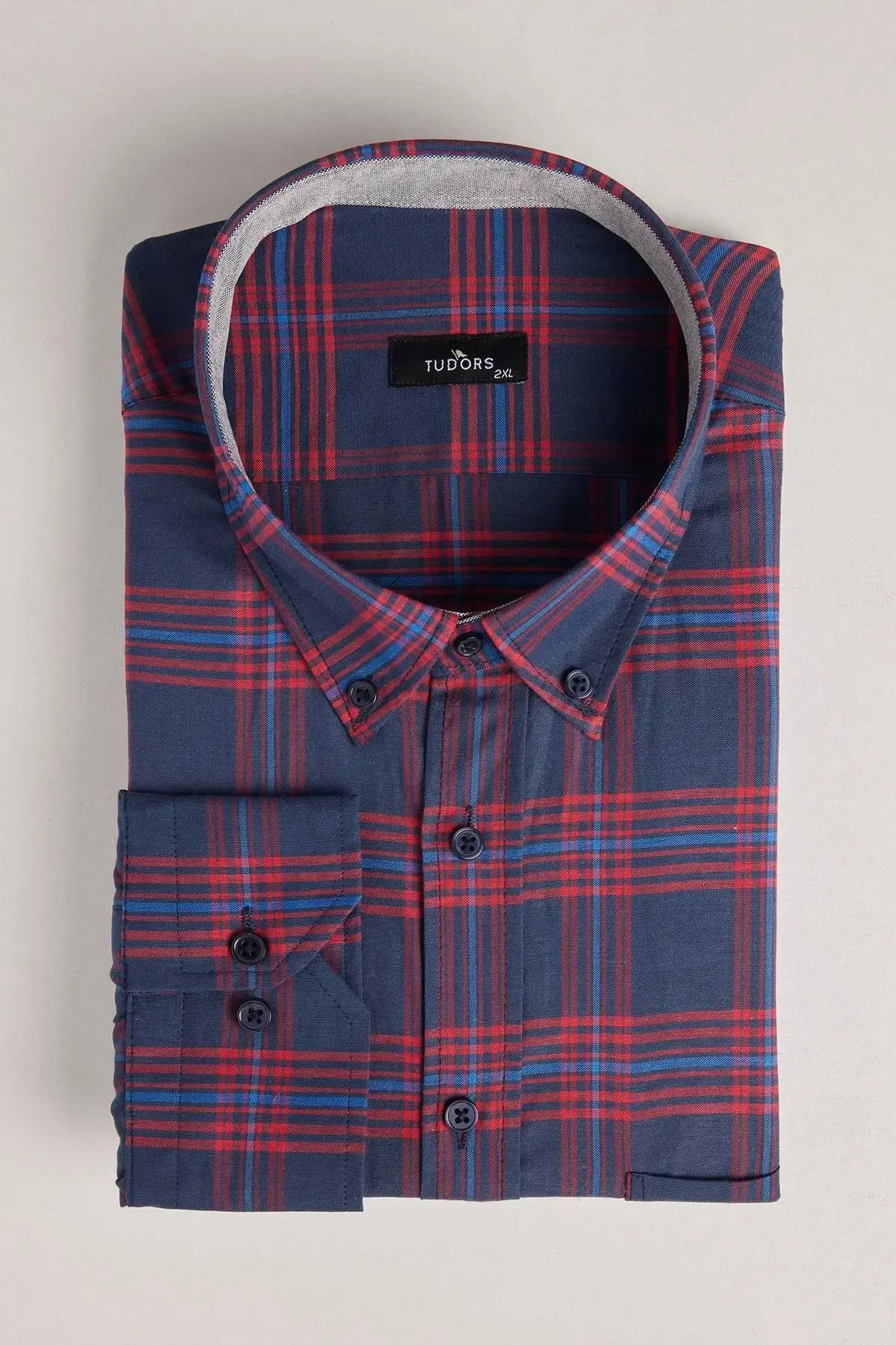 Büyük Beden Uzun Kollu Ekoseli Biyeli Yaka Düğmeli Erkek Gömlek