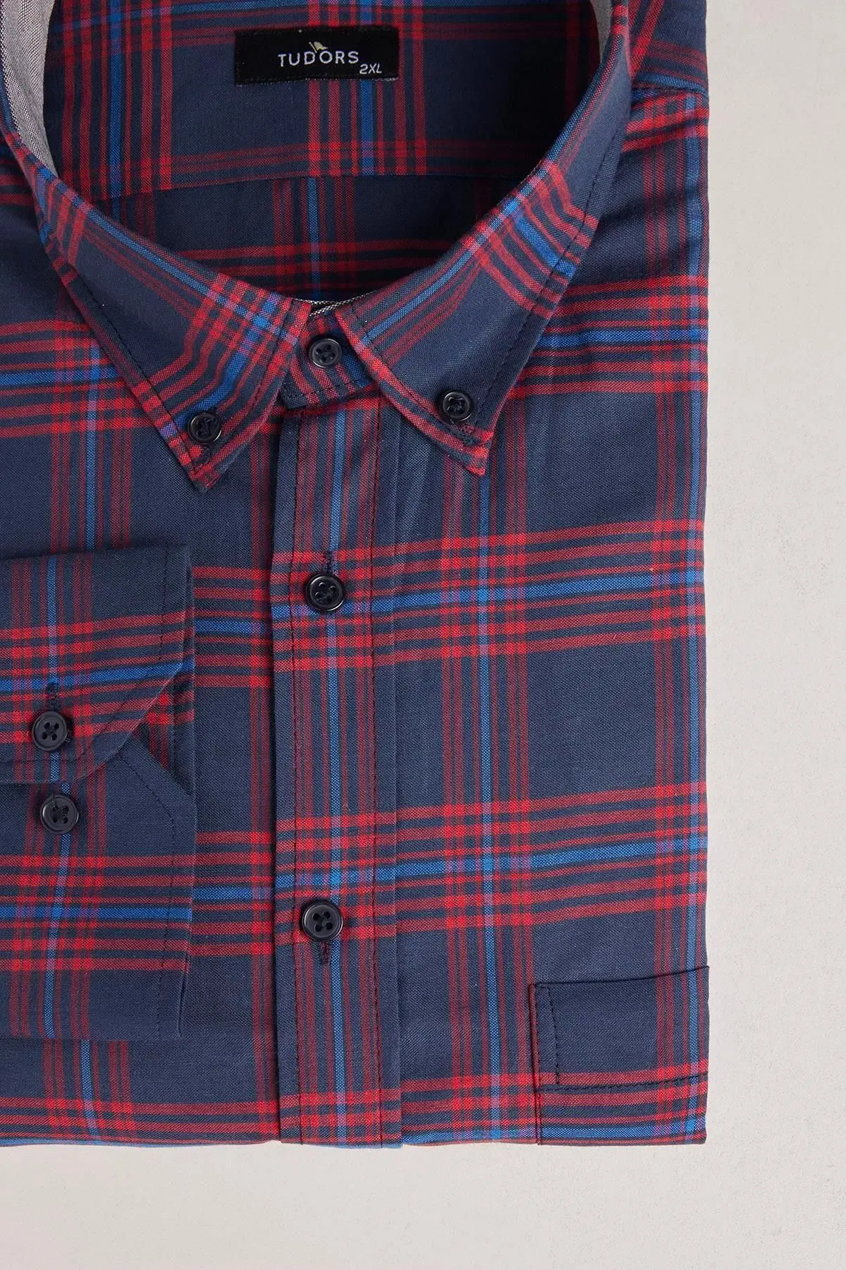 Büyük Beden Uzun Kollu Ekoseli Biyeli Yaka Düğmeli Erkek Gömlek