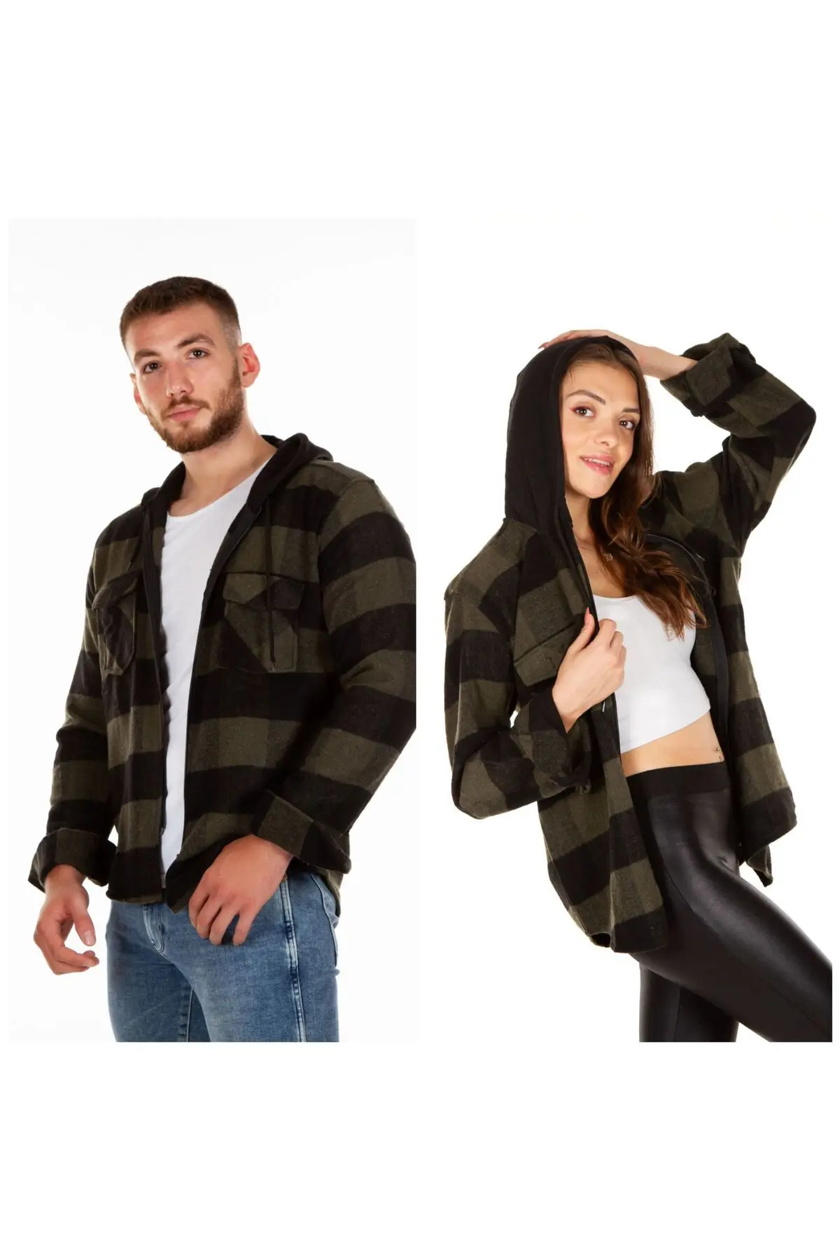BENESSE Kapüşonlu Fermuarlı Unisex Haki-siyah Oduncu Gömleği