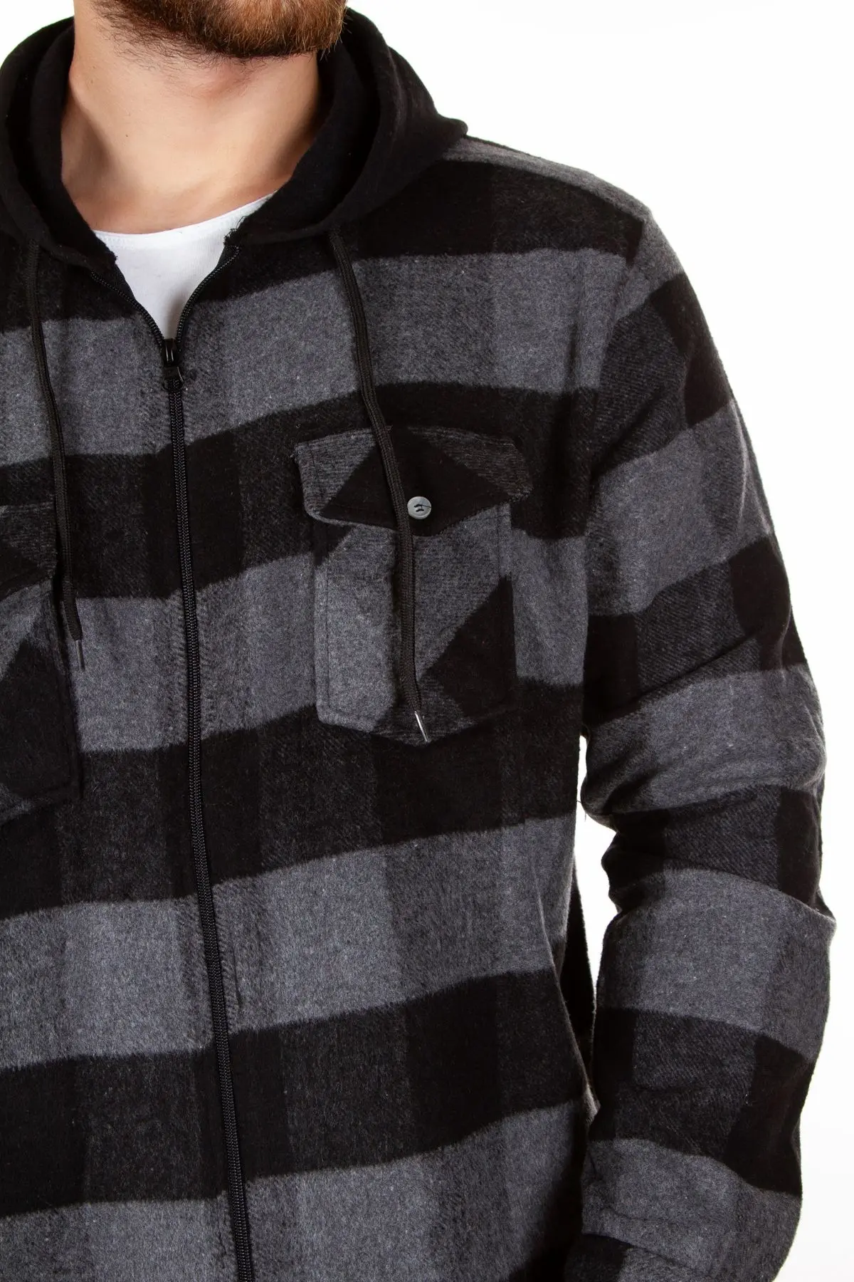 Kapüşonlu Fermuarlı Unisex Dama Desen Oduncu Gömleği