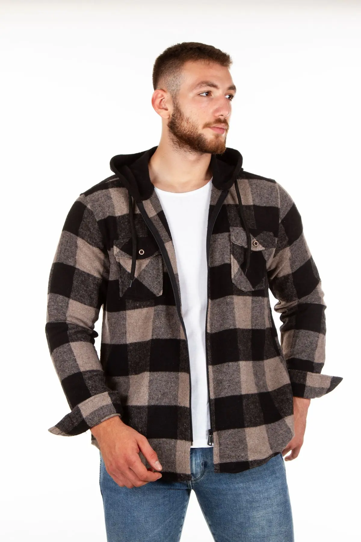 Kapüşonlu Fermuarlı Unisex Akrilik Oduncu Gömleği