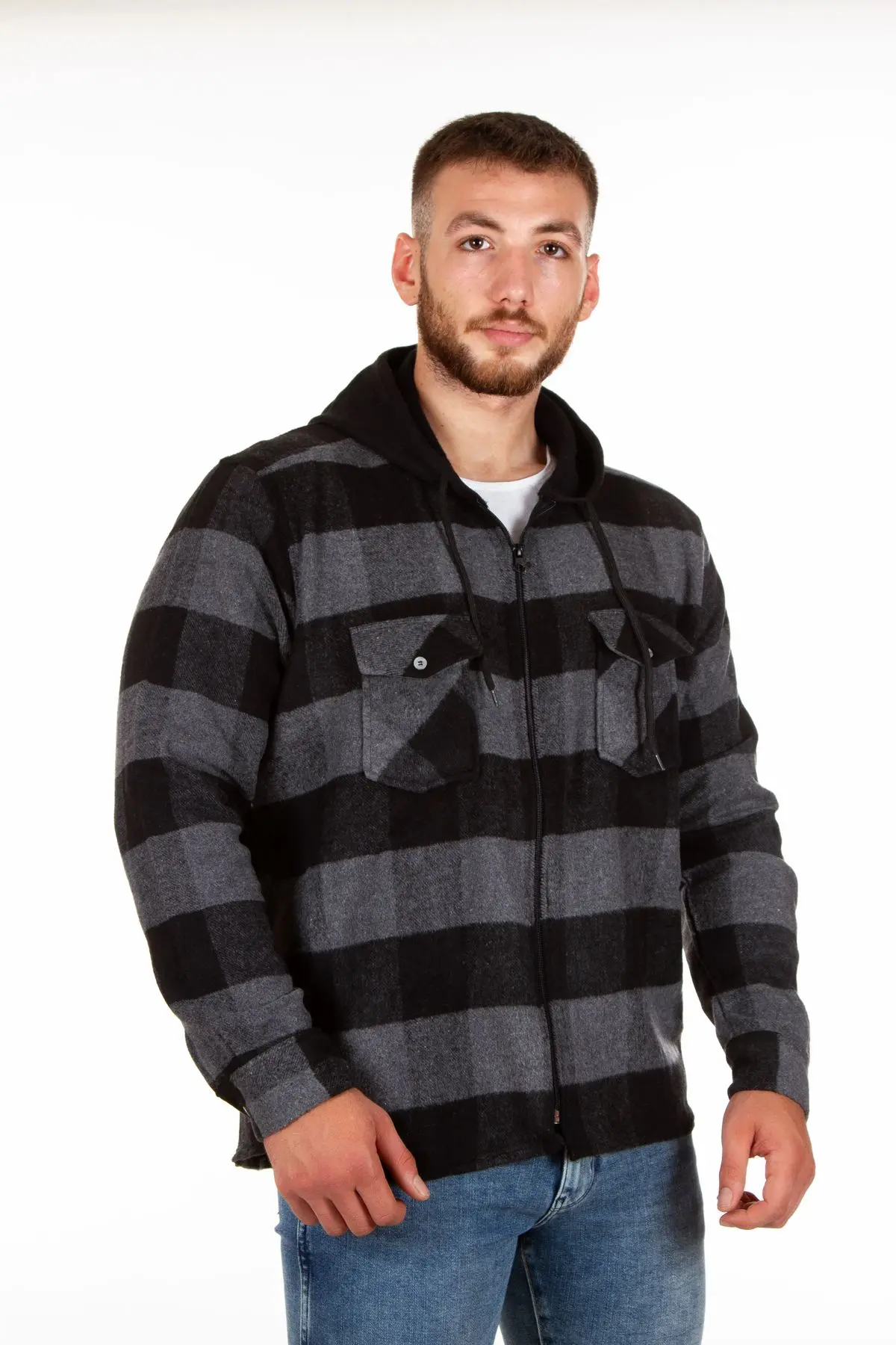 Kapüşonlu Fermuarlı Unisex Dama Desen Oduncu Gömleği