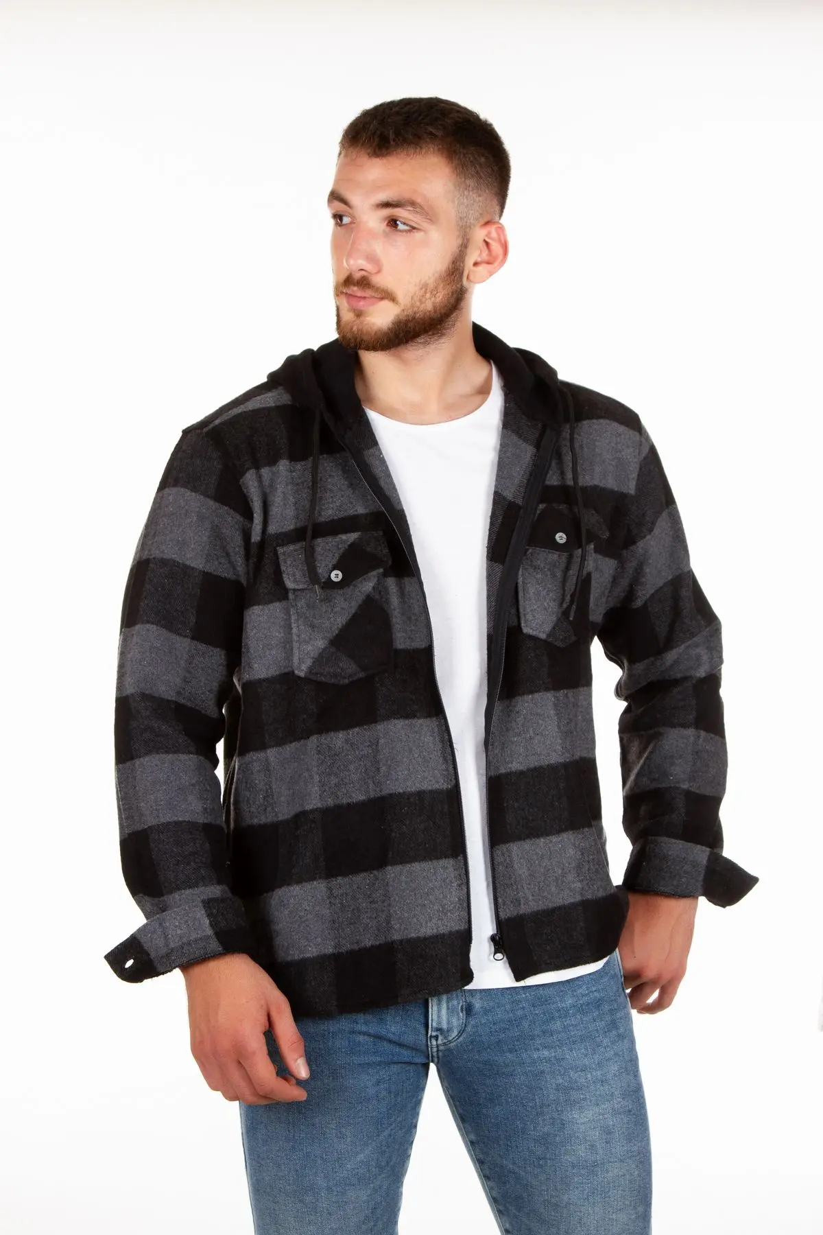 Kapüşonlu Fermuarlı Unisex Dama Desen Oduncu Gömleği