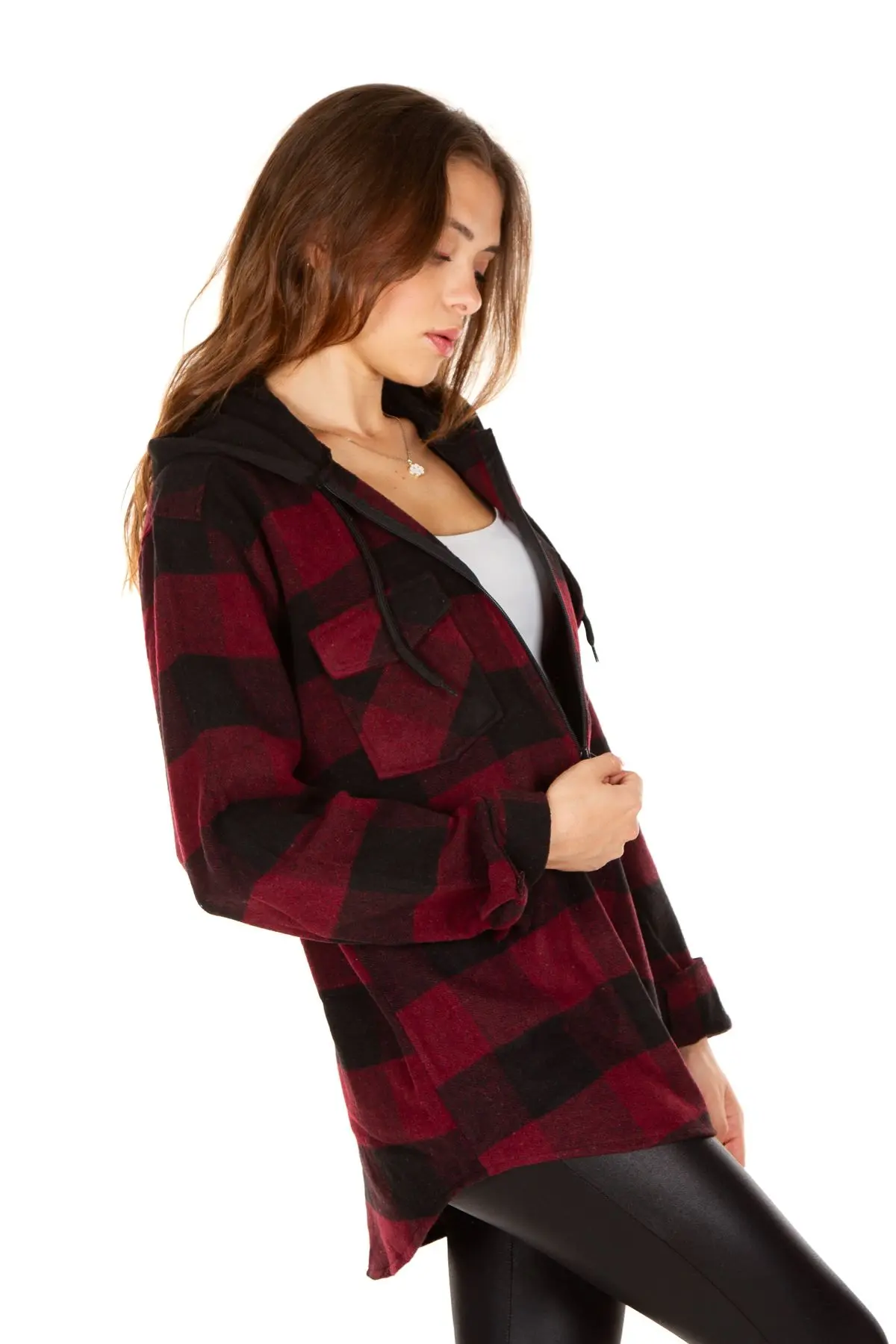 Kapüşonlu Fermuarlı Unisex Bordo-siyah Oduncu Gömleği