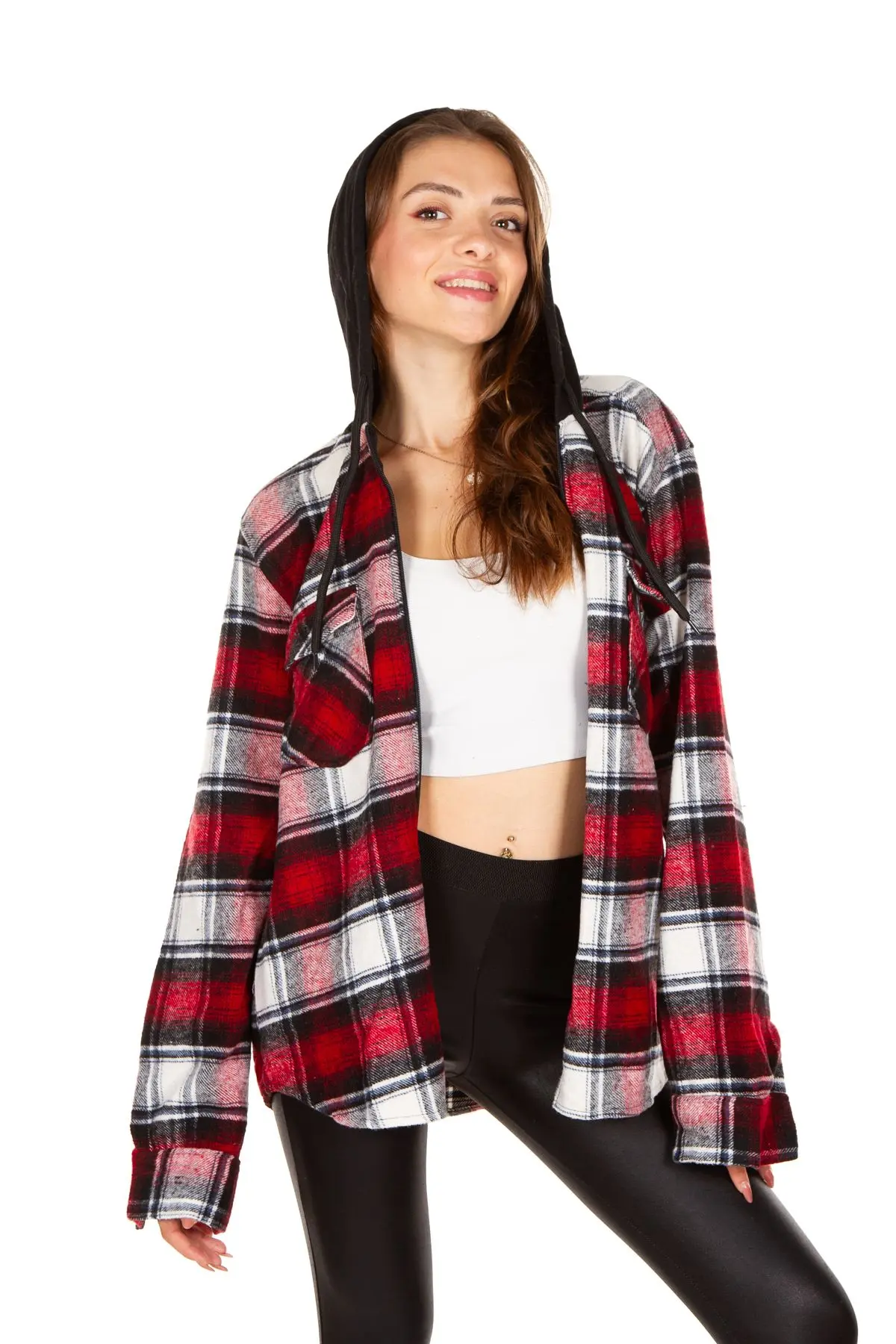 Kapüşonlu Fermuarlı Unisex Kırmızı Battal Oduncu Gömleği