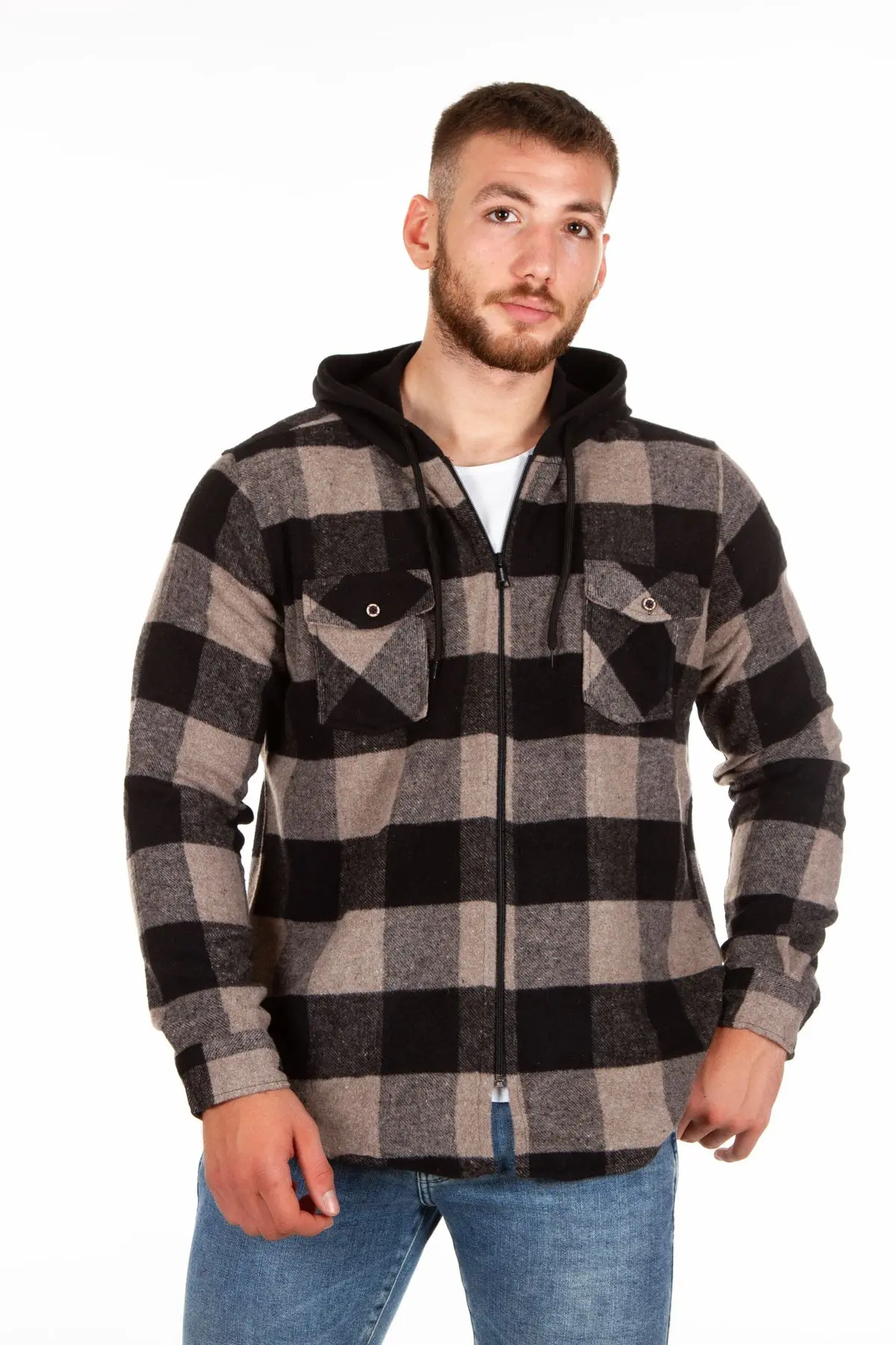 Kapüşonlu Fermuarlı Unisex Akrilik Oduncu Gömleği