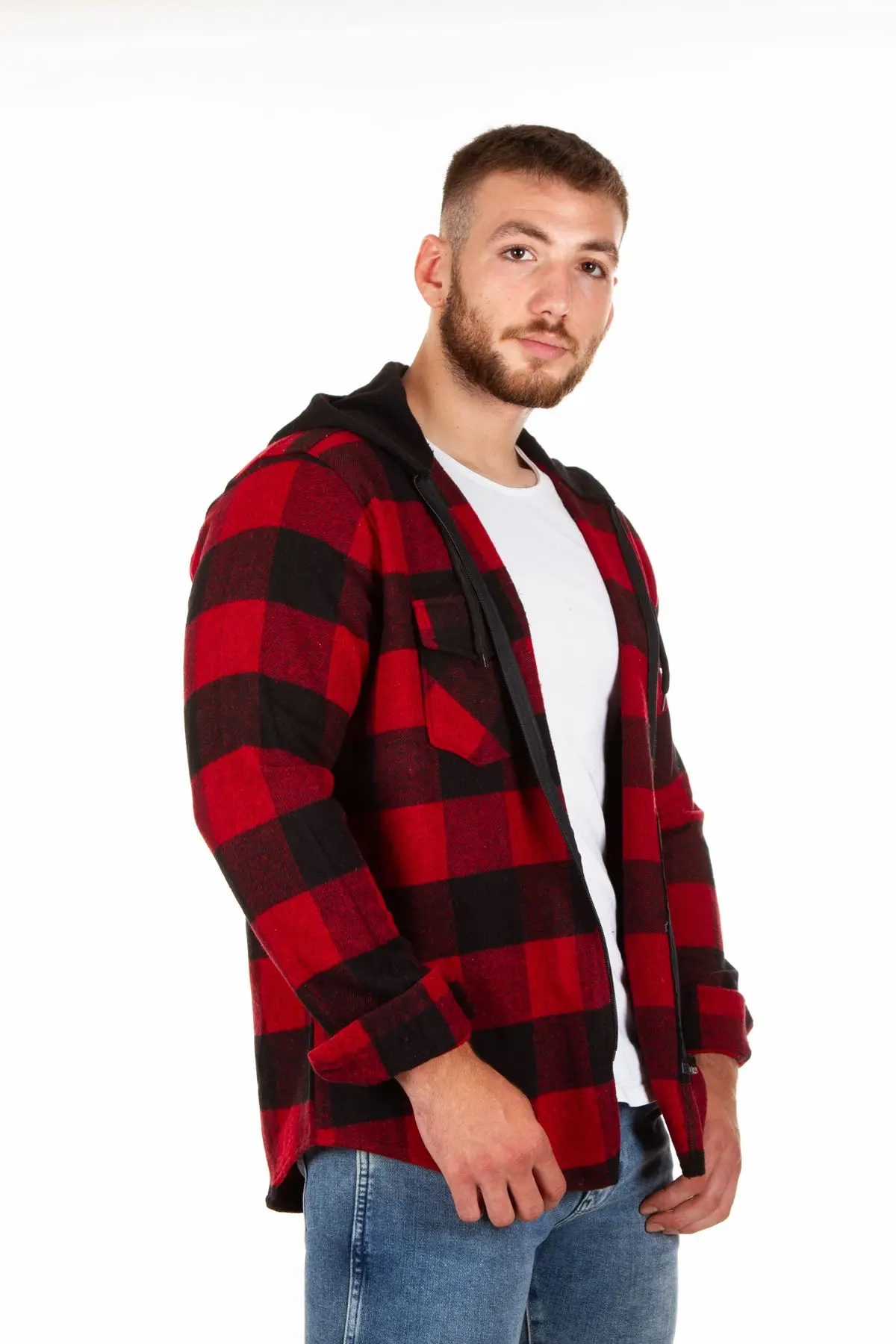 Kapüşonlu Fermuarlı Unisex Oduncu Gömleği
