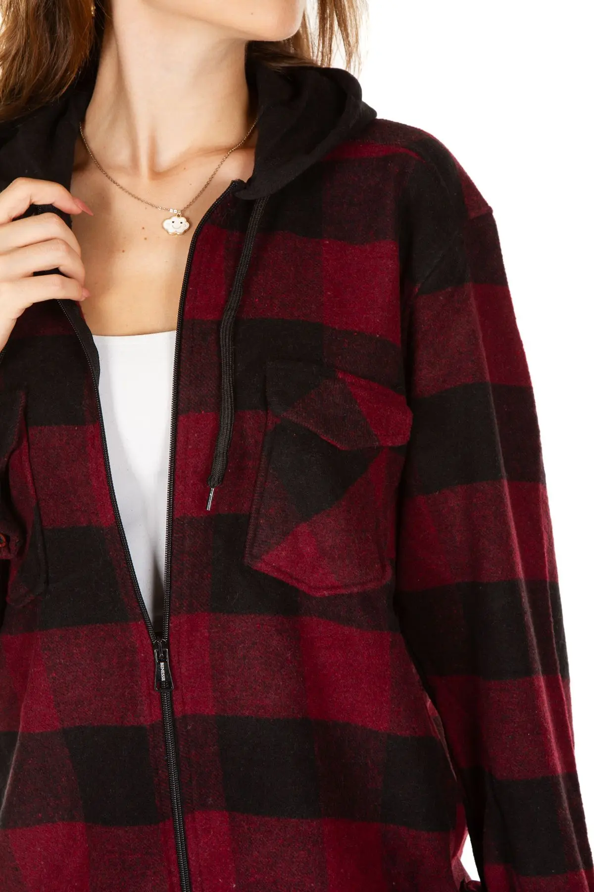 Kapüşonlu Fermuarlı Unisex Bordo-siyah Oduncu Gömleği