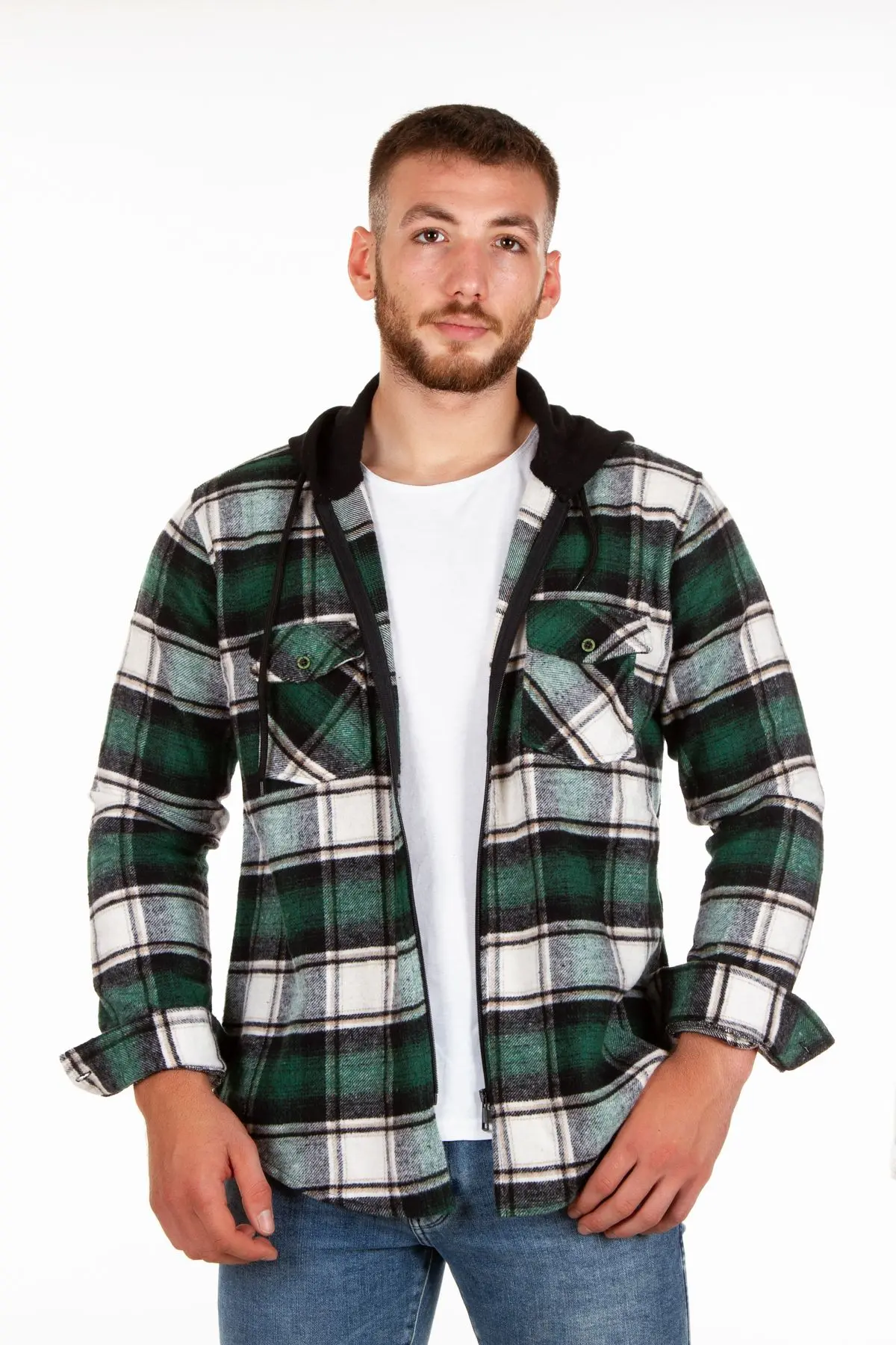 Kapüşonlu Fermuarlı Unisex Oduncu Gömleği