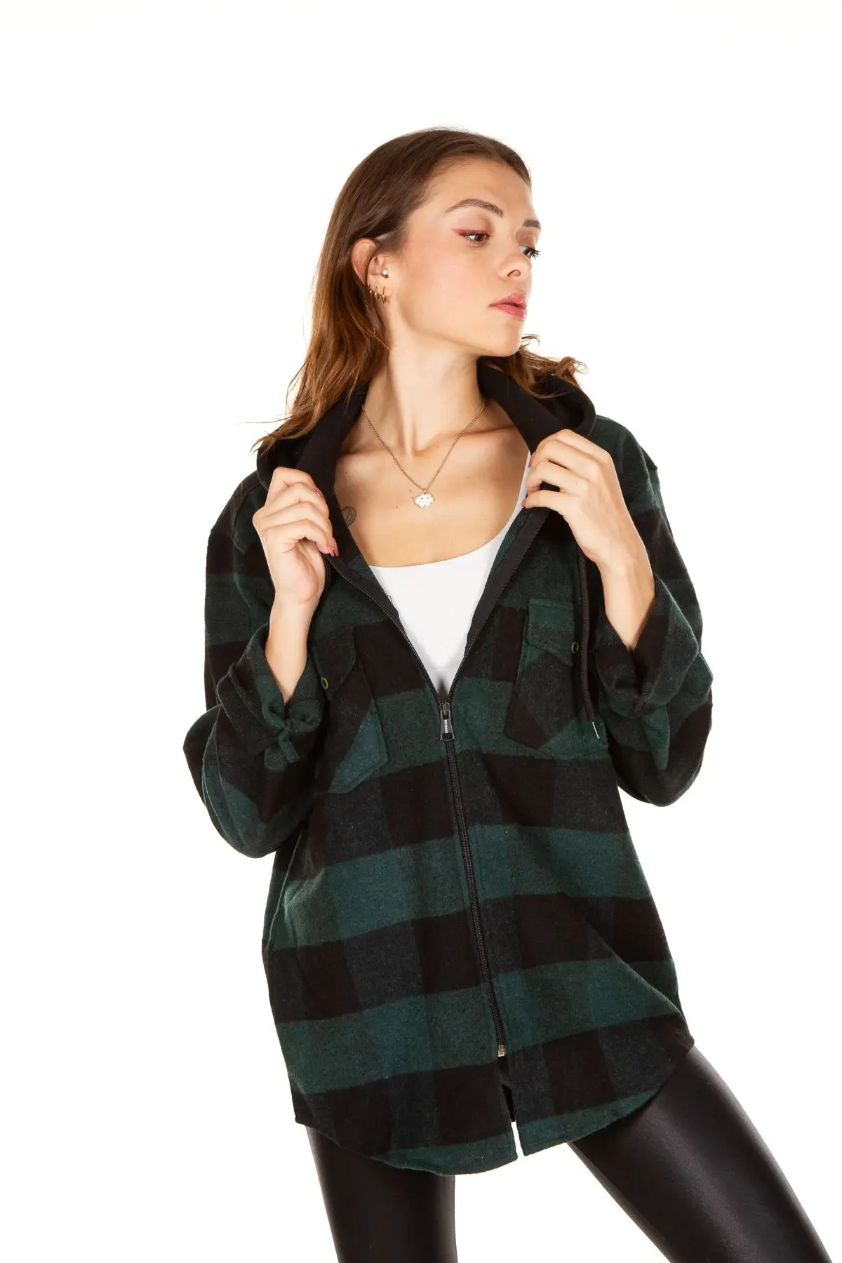 Kapüşonlu Fermuarlı Unisex Oduncu Gömleği