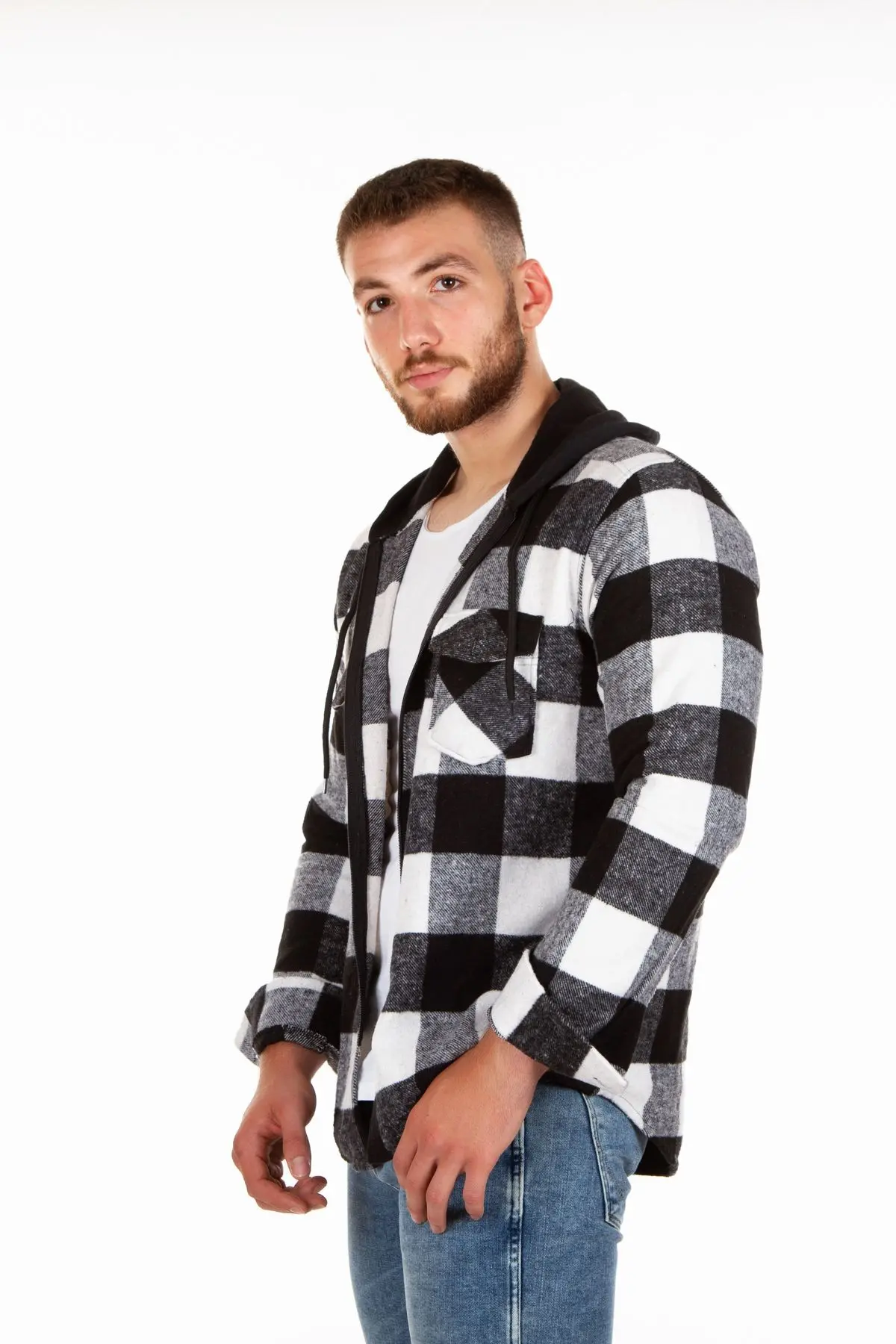 Kapüşonlu Fermuarlı Unisex Akrilik Oduncu Gömleği