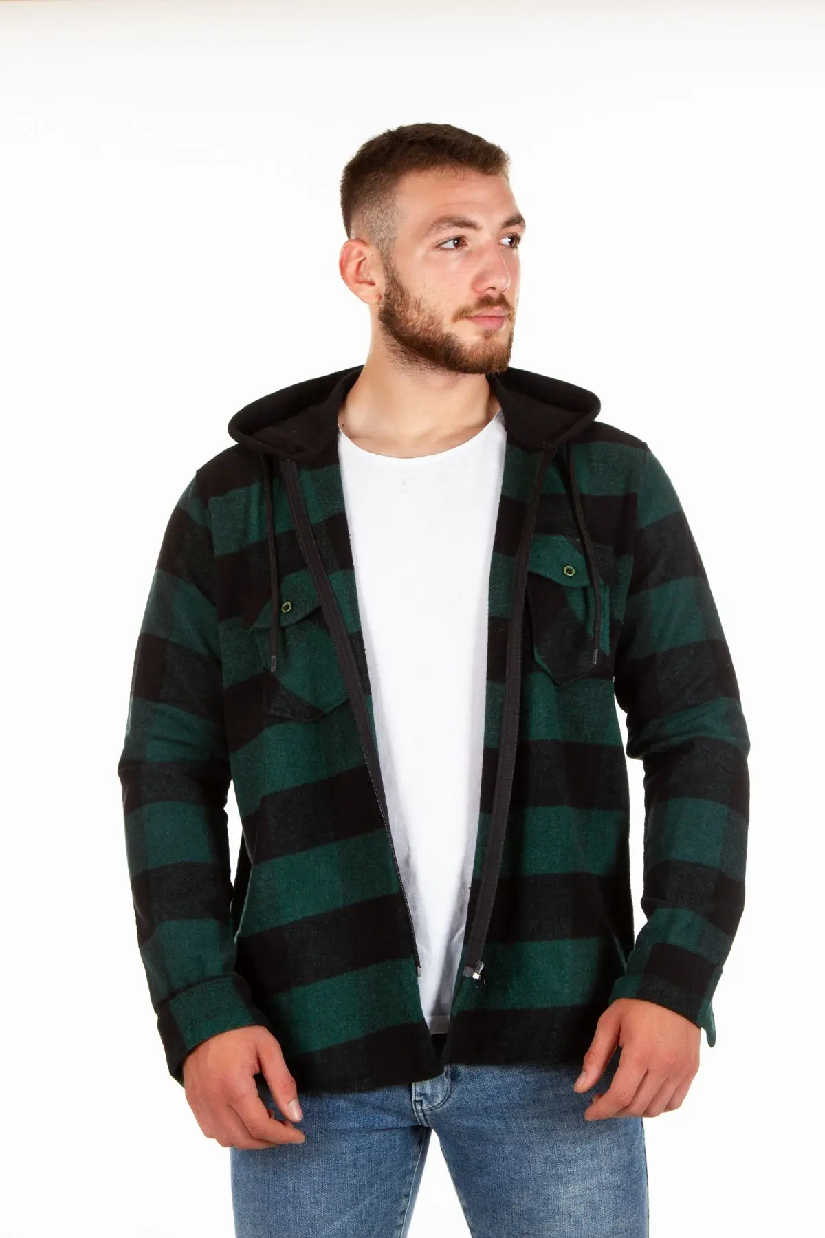 Kapüşonlu Fermuarlı Unisex Oduncu Gömleği