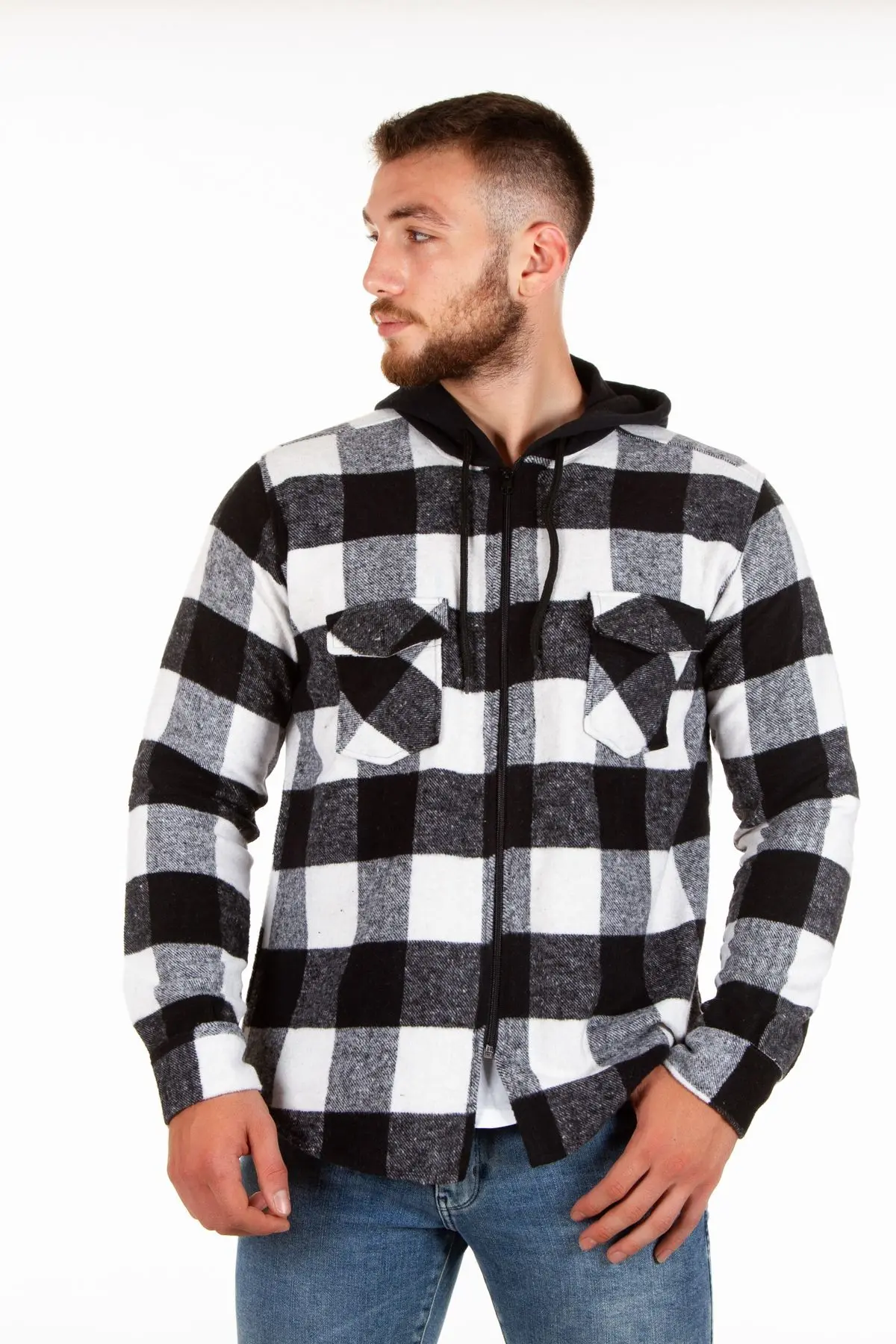 Kapüşonlu Fermuarlı Unisex Akrilik Oduncu Gömleği