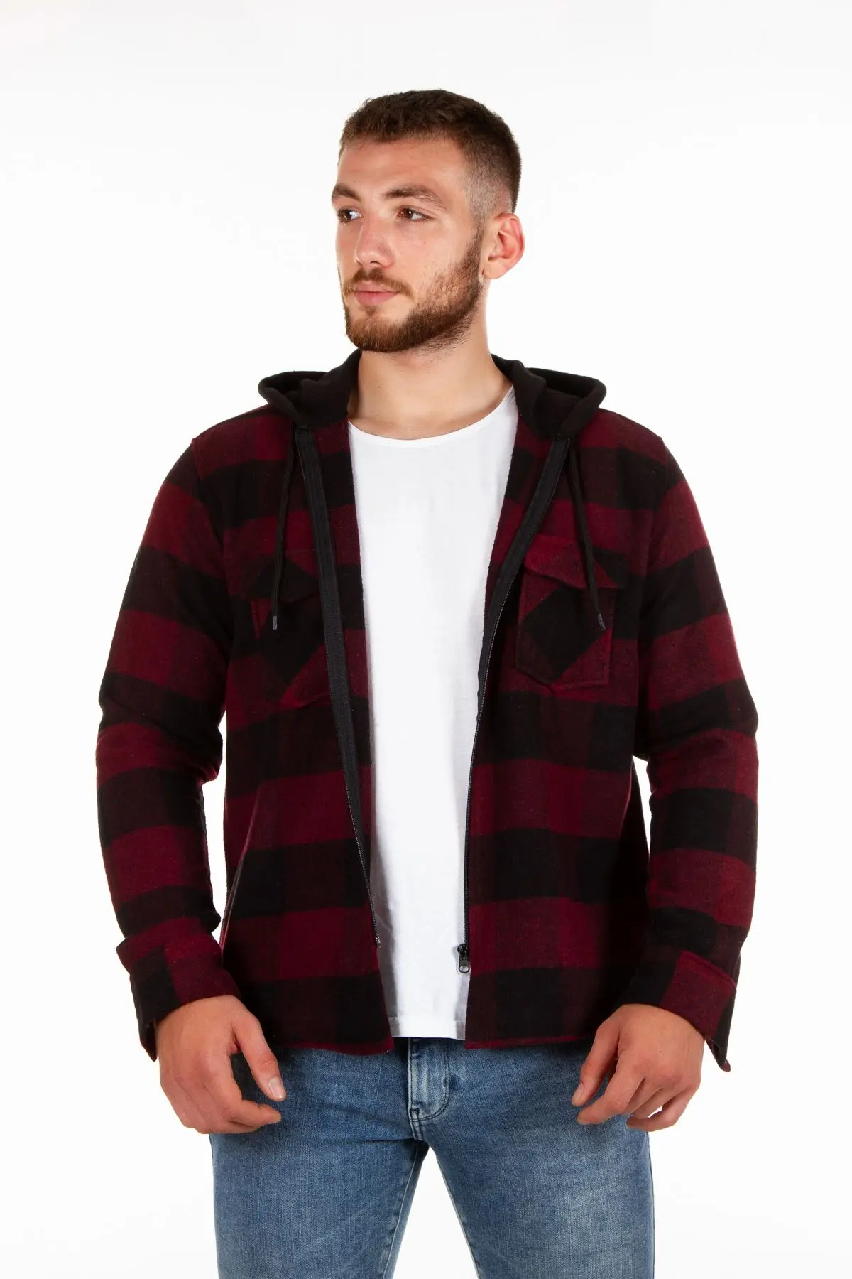 Kapüşonlu Fermuarlı Unisex Bordo-siyah Oduncu Gömleği