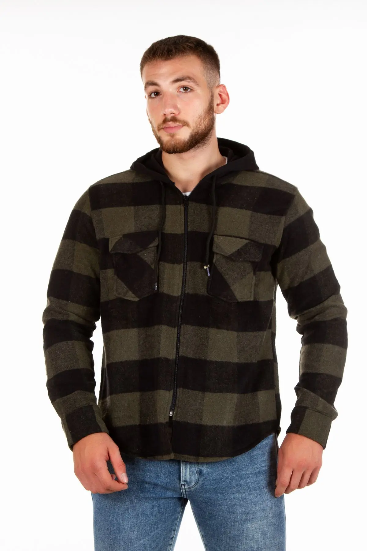 Kapüşonlu Fermuarlı Unisex Haki-siyah Oduncu Gömleği