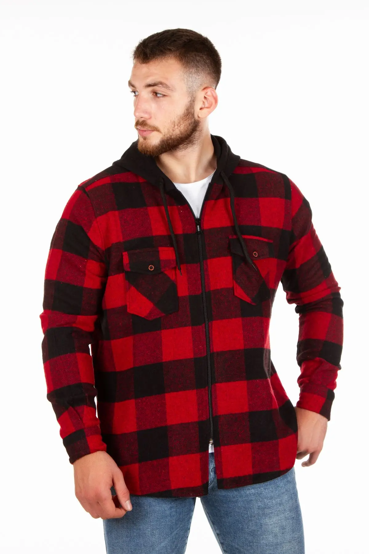 Kapüşonlu Fermuarlı Unisex Oduncu Gömleği