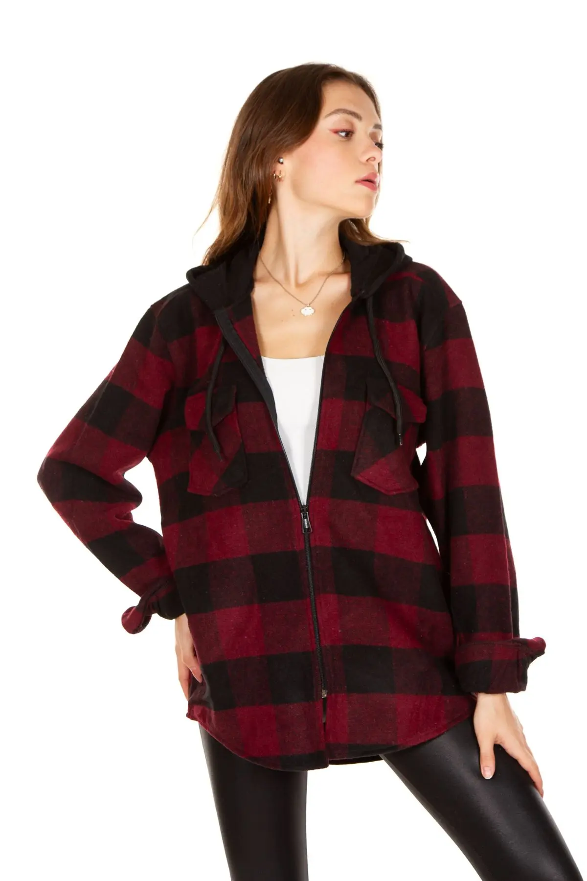 Kapüşonlu Fermuarlı Unisex Bordo-siyah Oduncu Gömleği