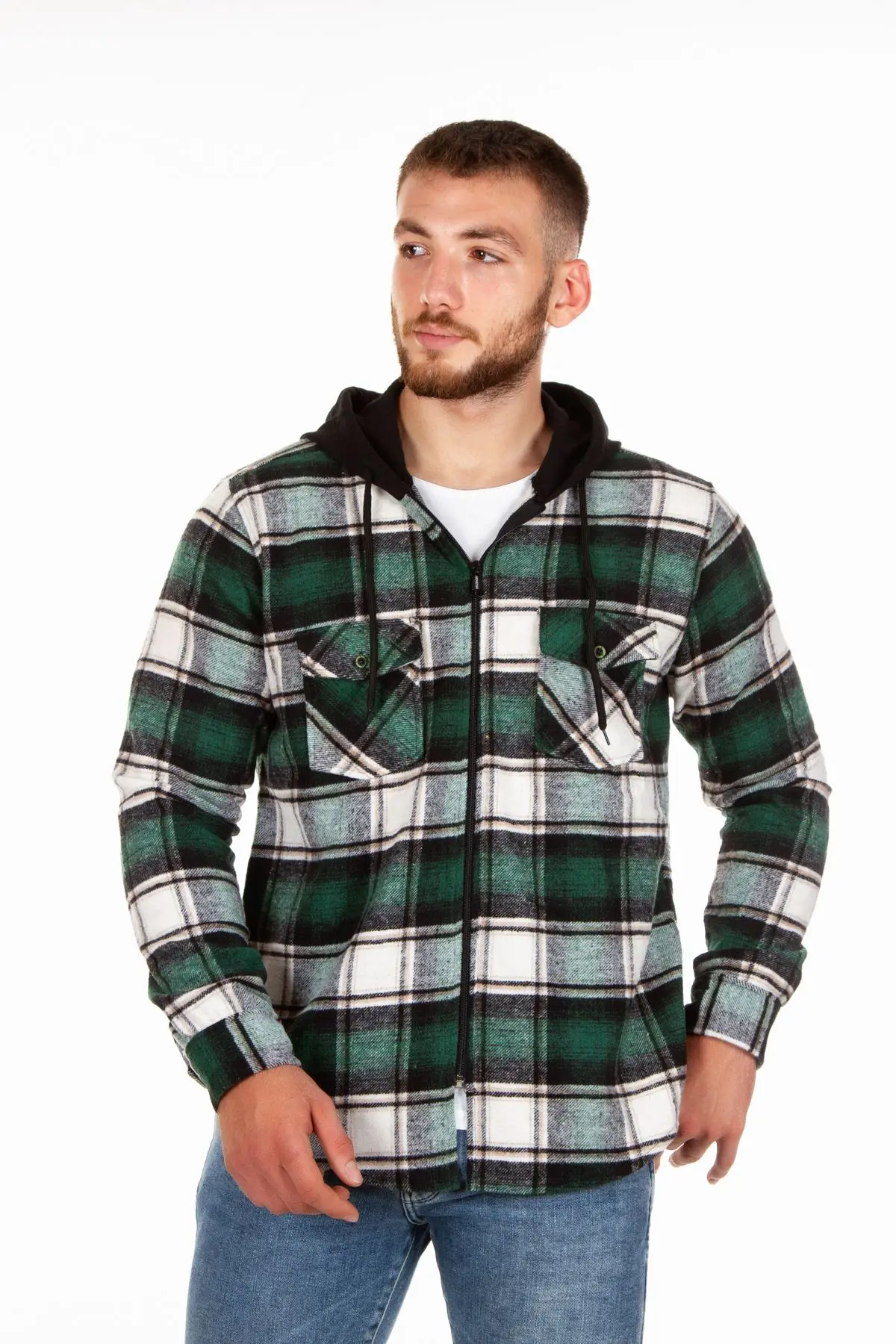 Kapüşonlu Fermuarlı Unisex Oduncu Gömleği