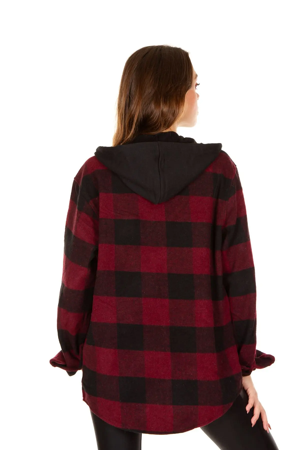 Kapüşonlu Fermuarlı Unisex Bordo-siyah Oduncu Gömleği