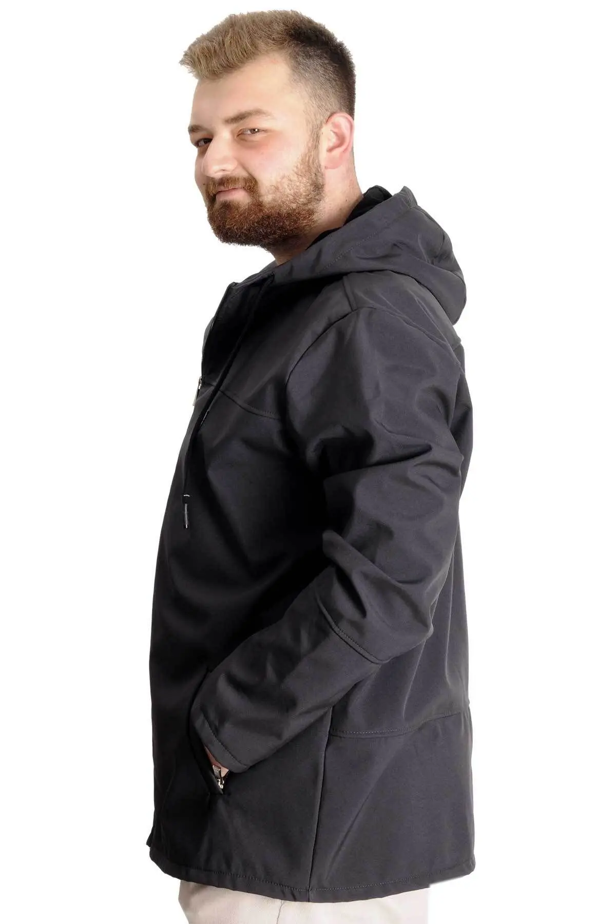 Mode Xl Büyük Beden Erkek Kapüşonlu Mont Waterproof Softshell 21235 Antrasit
