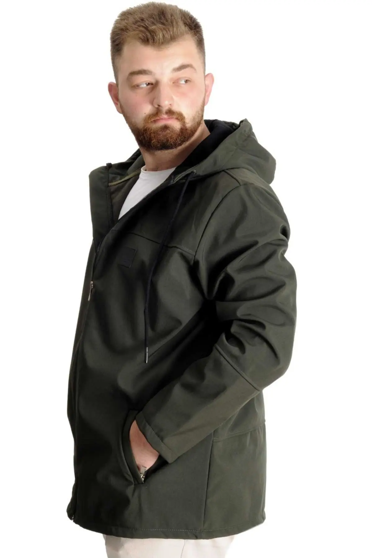 Mode Xl Büyük Beden Erkek Kapüşonlu Mont Waterproof Softshell 21235 Haki