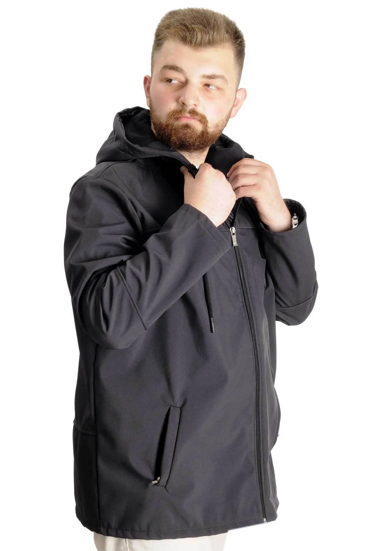 Mode Xl Büyük Beden Erkek Kapüşonlu Mont Waterproof Softshell 21235 Antrasit