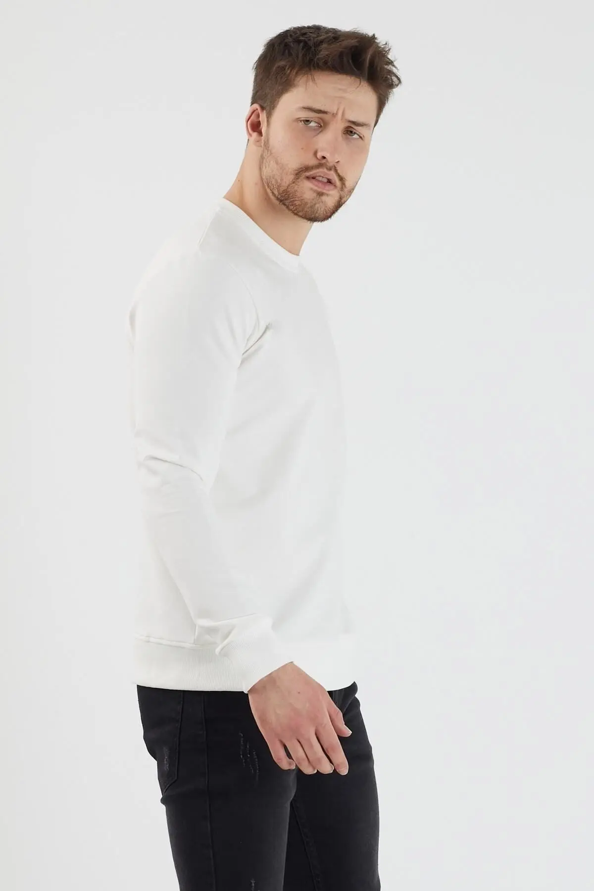 Plaın Erkek Beyaz Basic Bisiklet Yaka Ince Sweatshirt