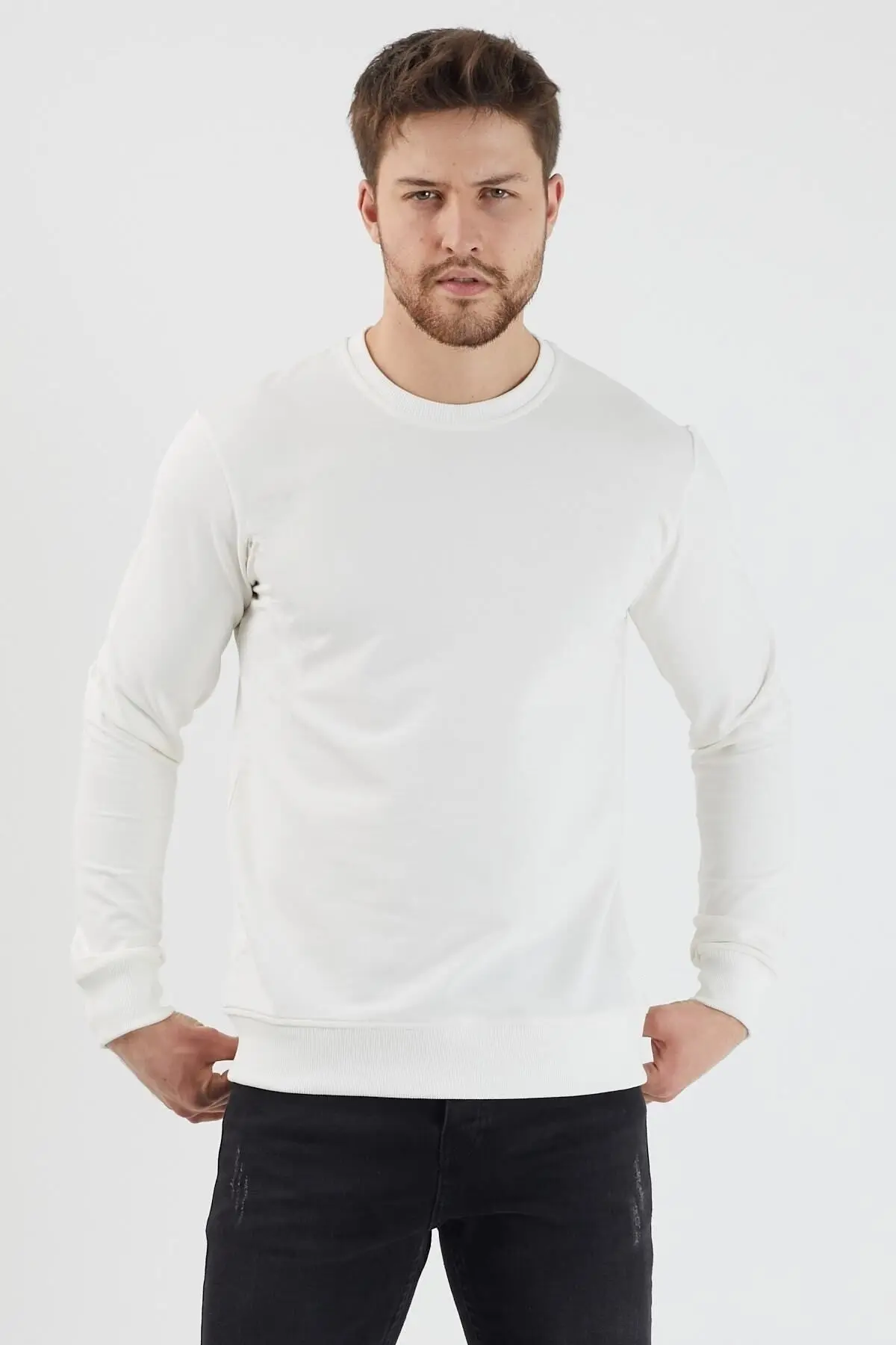 Plaın Erkek Beyaz Basic Bisiklet Yaka Ince Sweatshirt