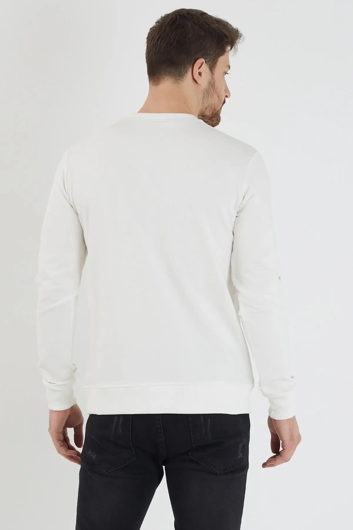 Plaın Erkek Beyaz Basic Bisiklet Yaka Ince Sweatshirt