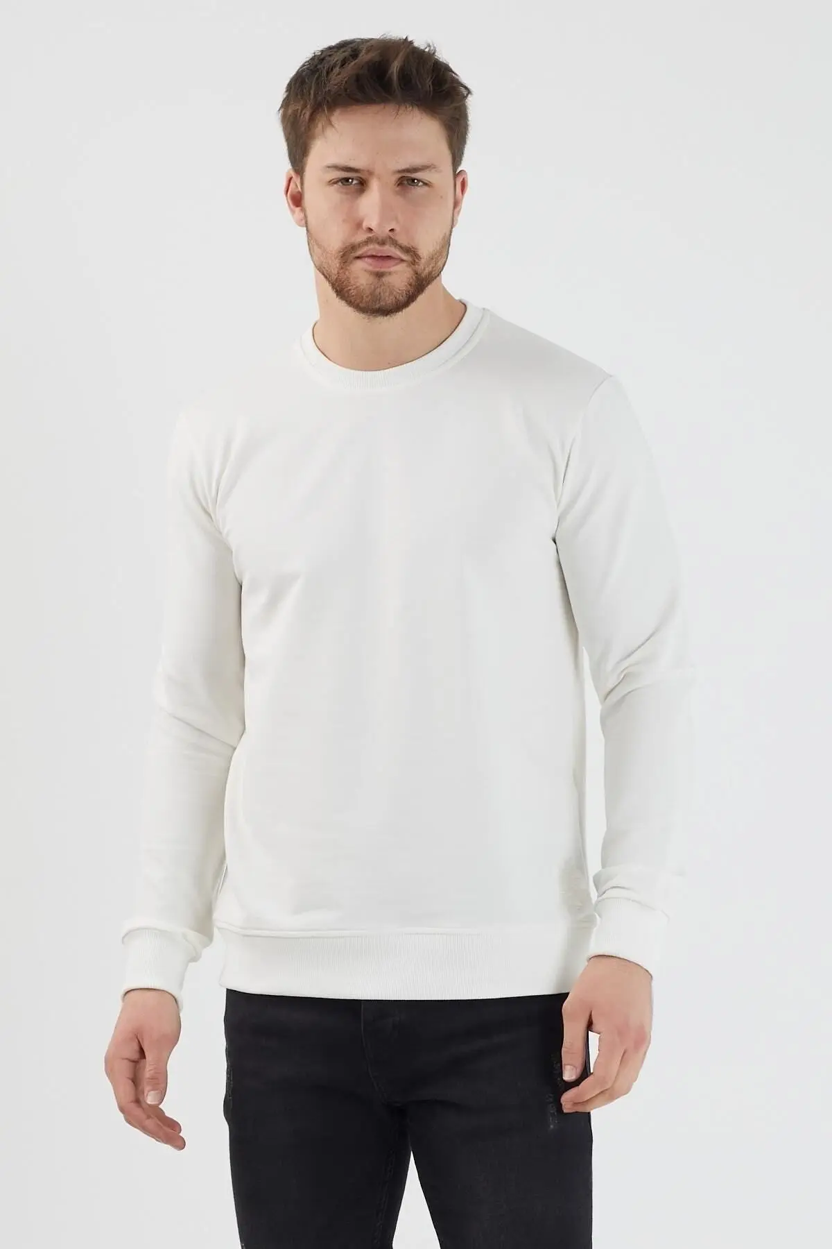 Plaın Erkek Beyaz Basic Bisiklet Yaka Ince Sweatshirt