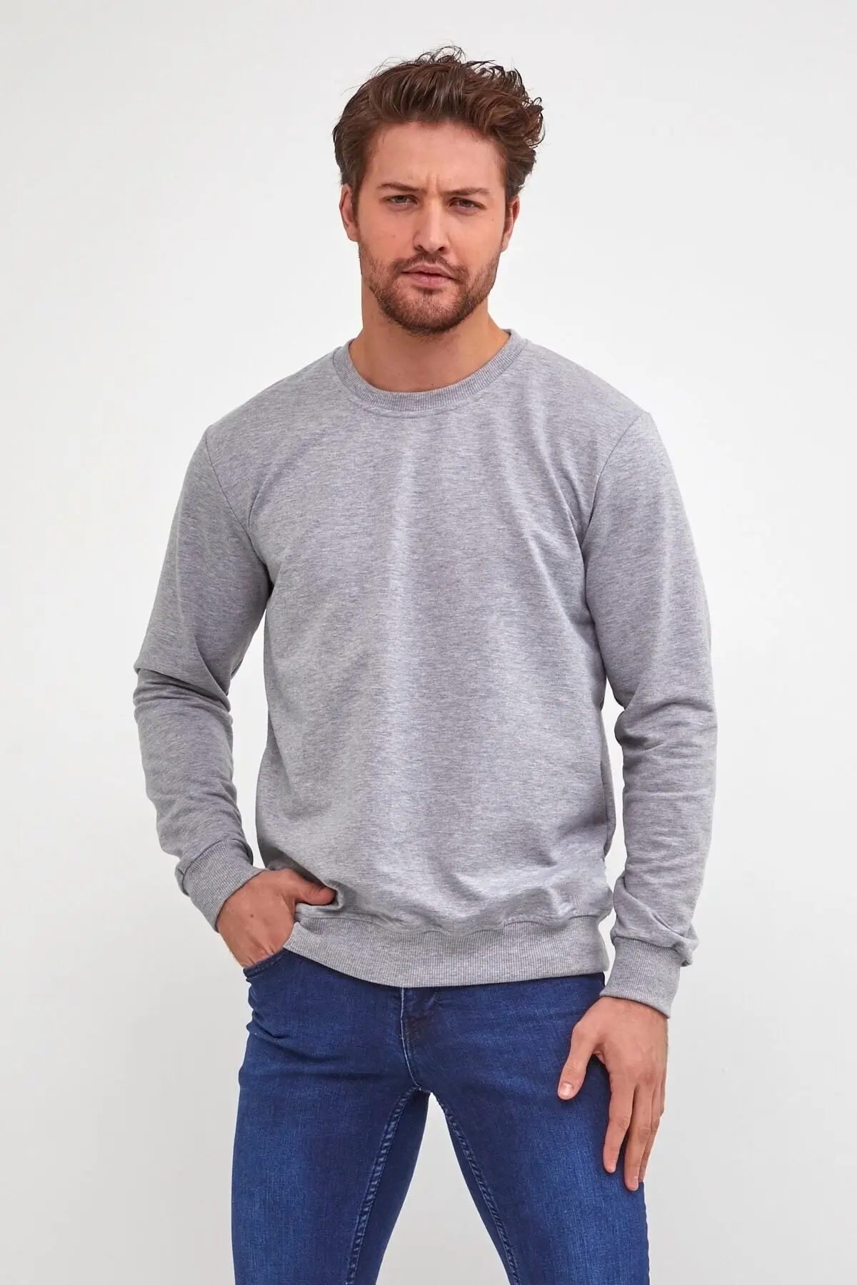 Plaın Erkek Grimelanj Basic Bisiklet Yaka Ince Mevsimlik Sweatshirt