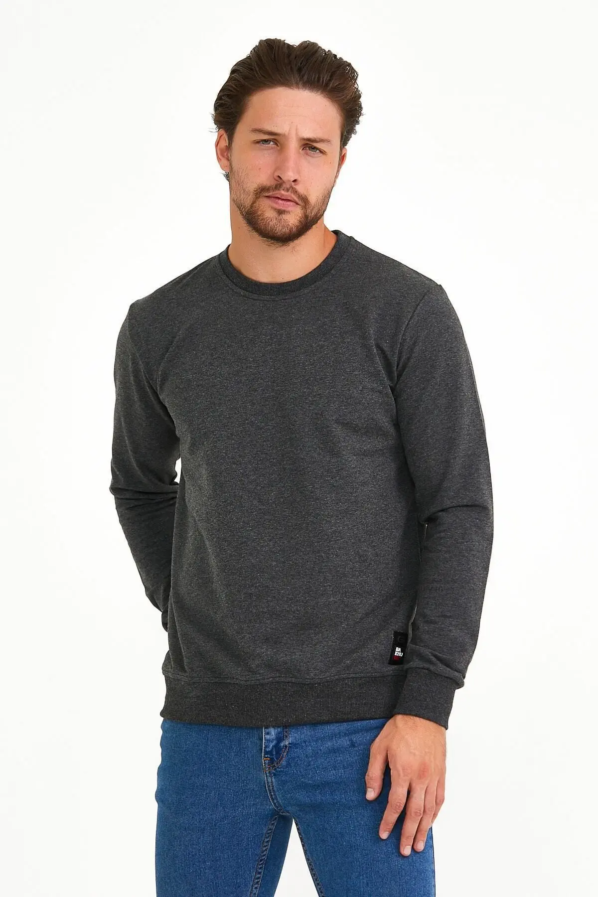 Antrasit Erkek Sweatshirt Bisiklet Yaka Günlük Rahat Spor Normal Kalıp Uzun Kollu Sweat