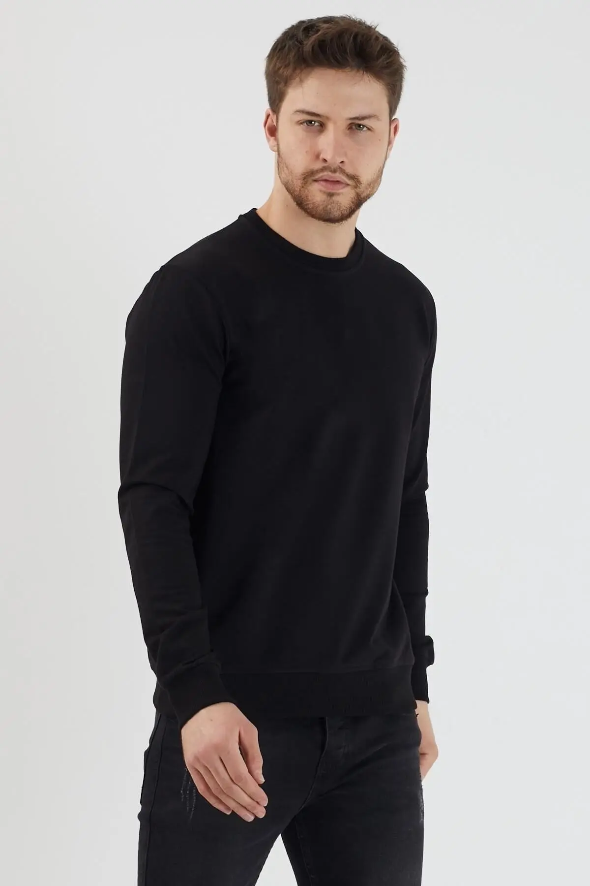 Erkek Siyah Sweatshirt Bisiklet Yaka Günlük Rahat Spor Normal Kalıp Uzun Kollu Sweat