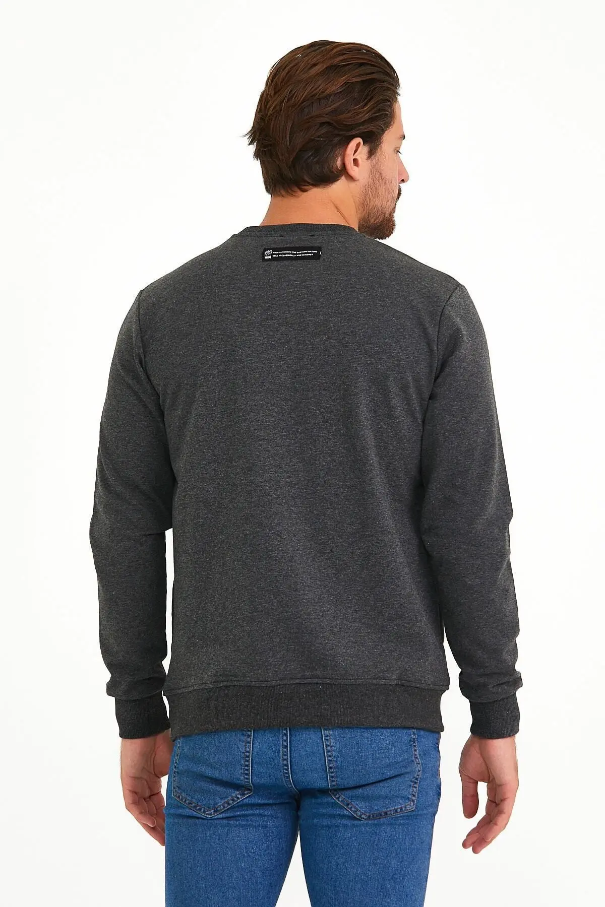 Antrasit Erkek Sweatshirt Bisiklet Yaka Günlük Rahat Spor Normal Kalıp Uzun Kollu Sweat