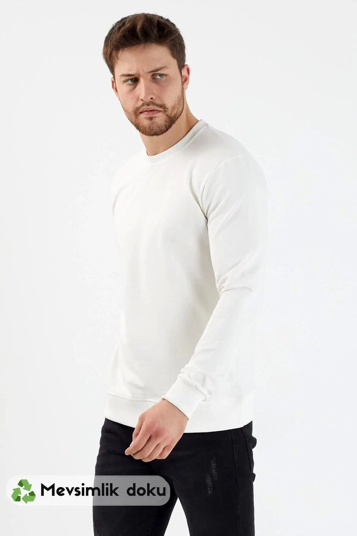 MRS CLOTHING Plaın Erkek Beyaz Basic Bisiklet Yaka Ince Sweatshirt