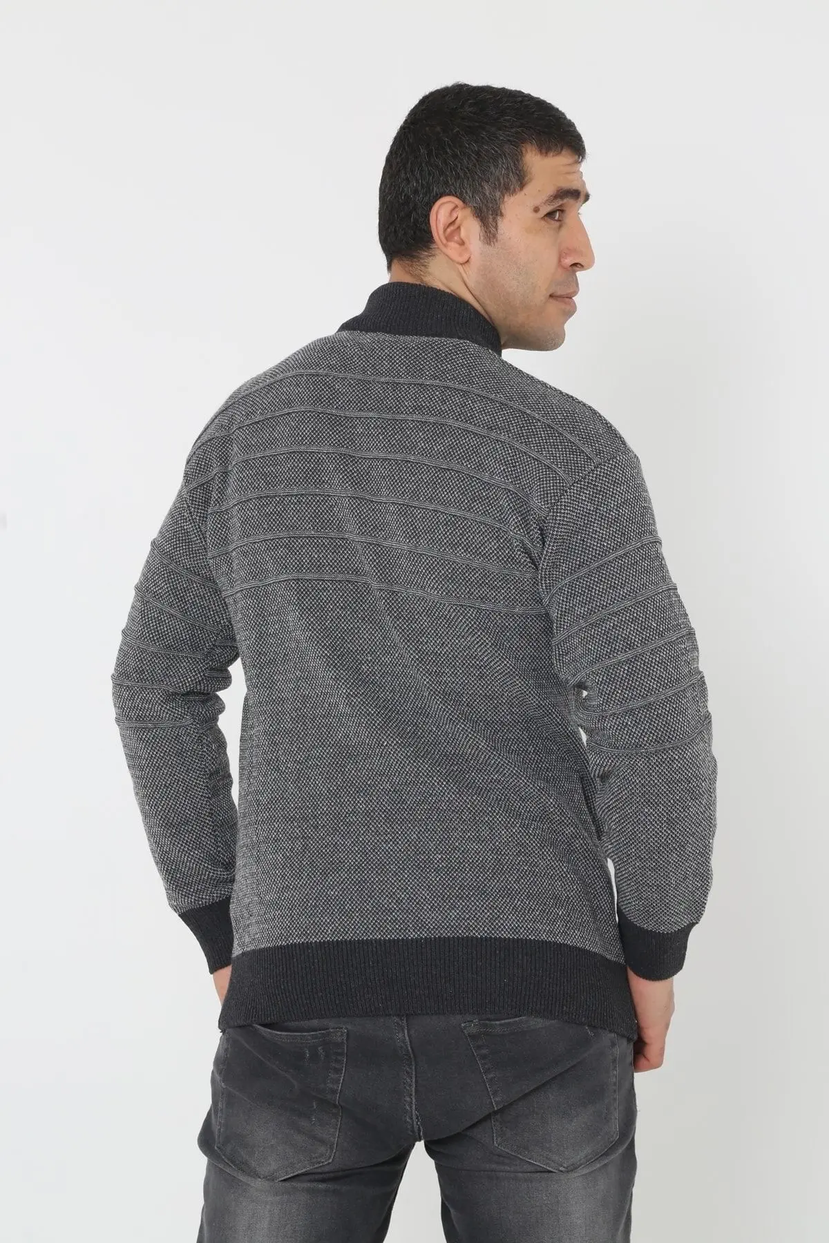 Erkek Gri  Super Battal Triko Fermuarlı Örme Hırka & Kazak