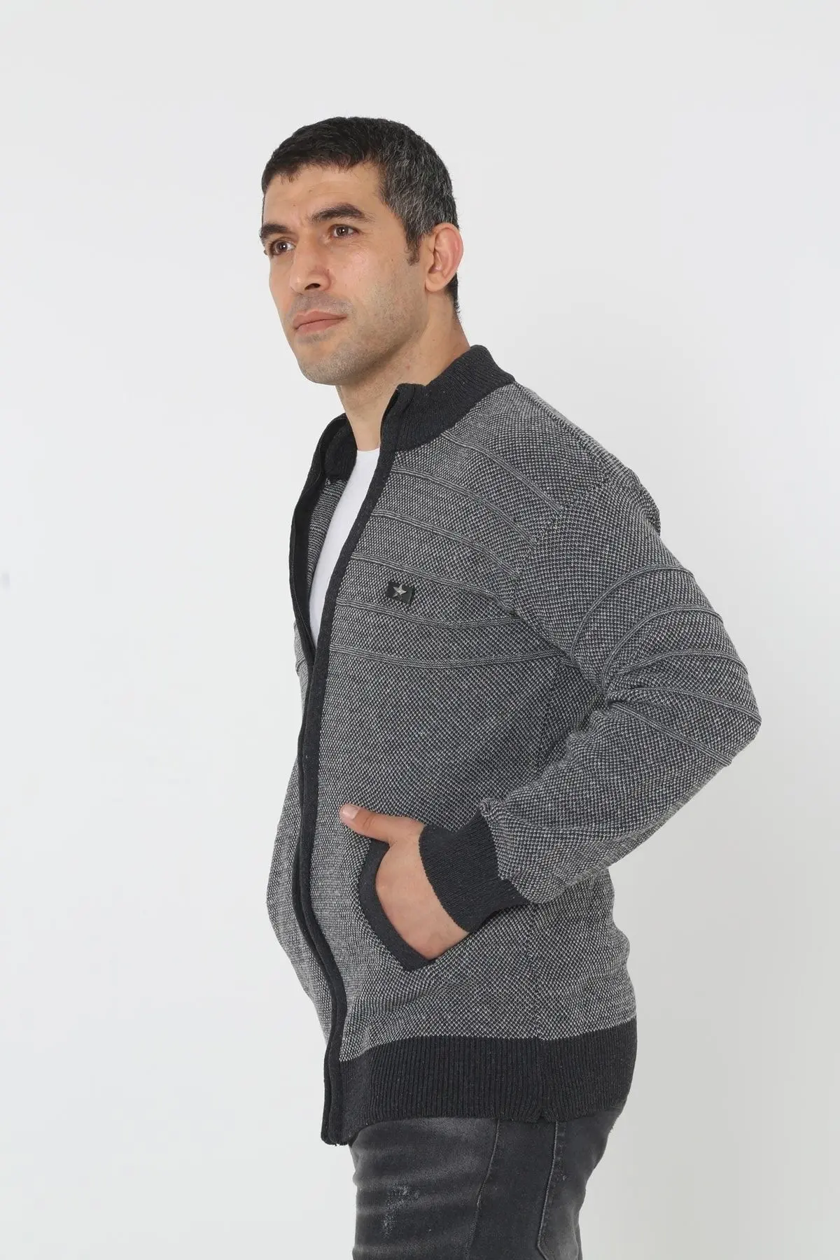 Erkek Gri  Super Battal Triko Fermuarlı Örme Hırka & Kazak