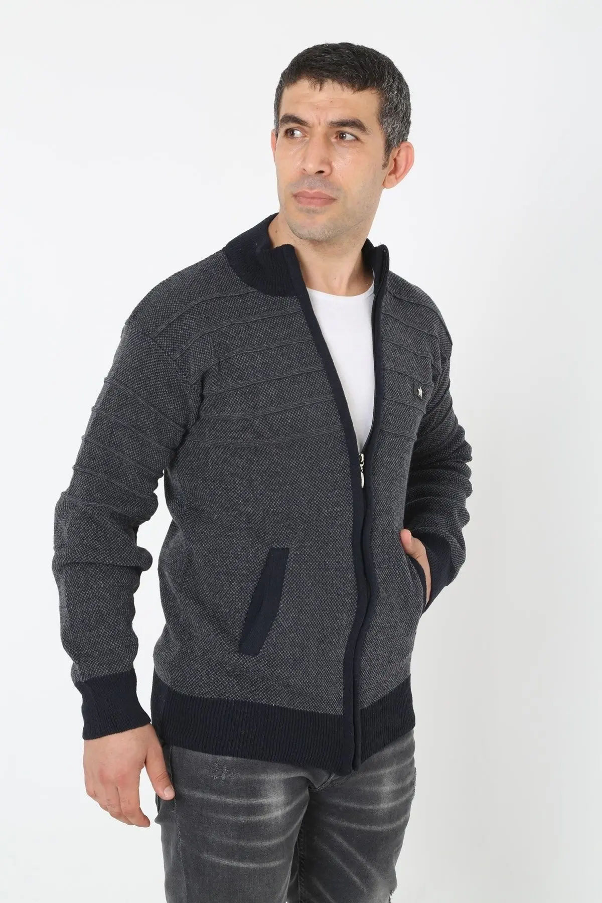 Baba Super Battal Triko Fermuarlı Örme Hırka Kazak