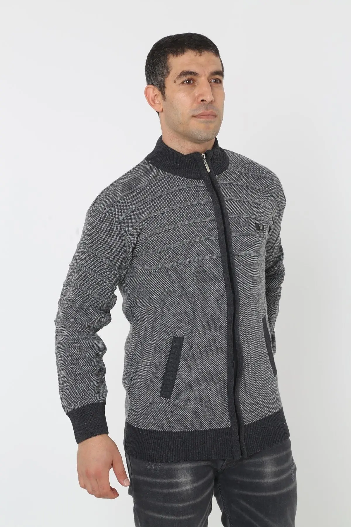 Erkek Gri  Super Battal Triko Fermuarlı Örme Hırka & Kazak