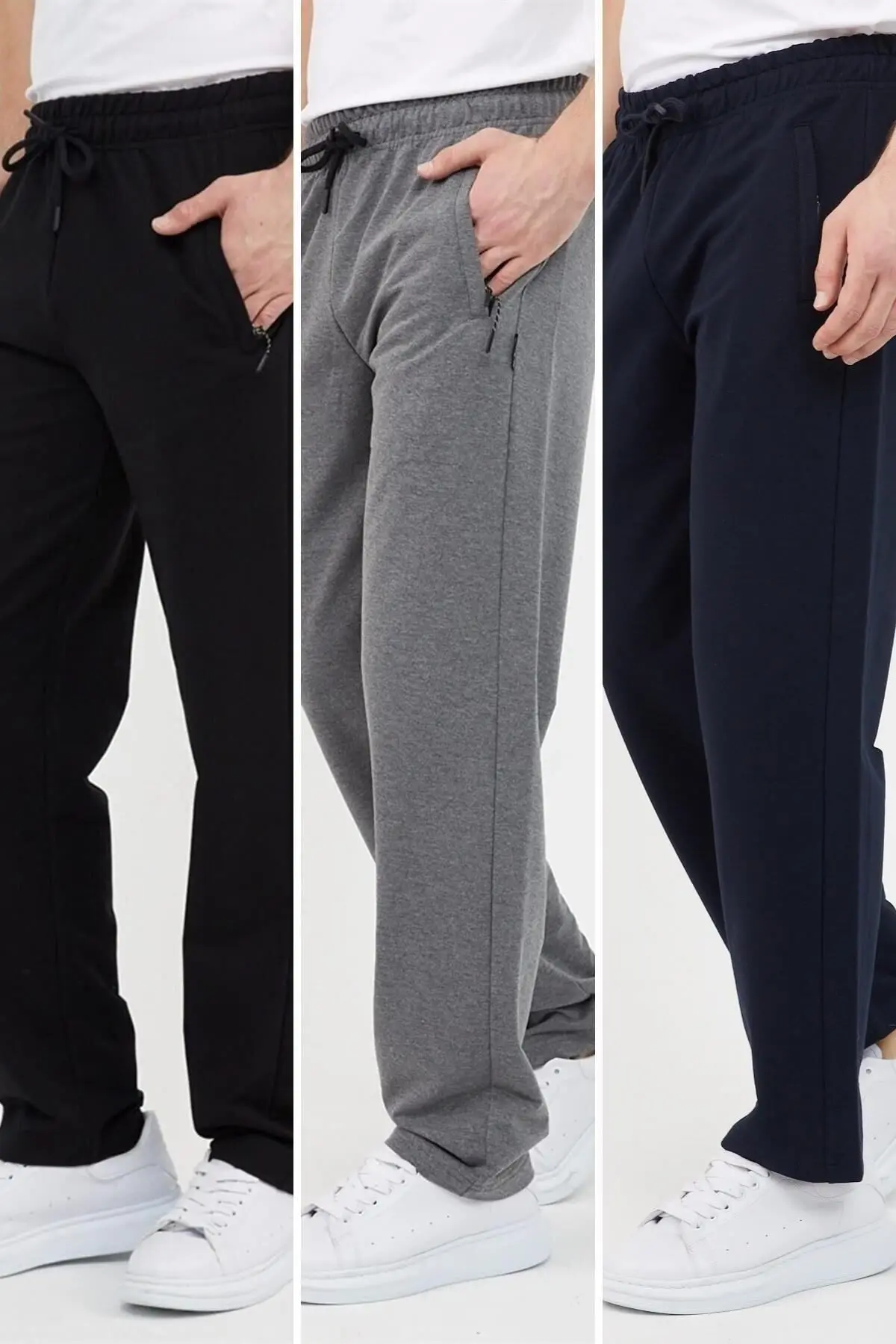 COMEOR Siyah-antrasit-lacivert Erkek 3'lü Düz Paça Cep Fermuar Detaylı Rahat Kesim Eşofman Altı