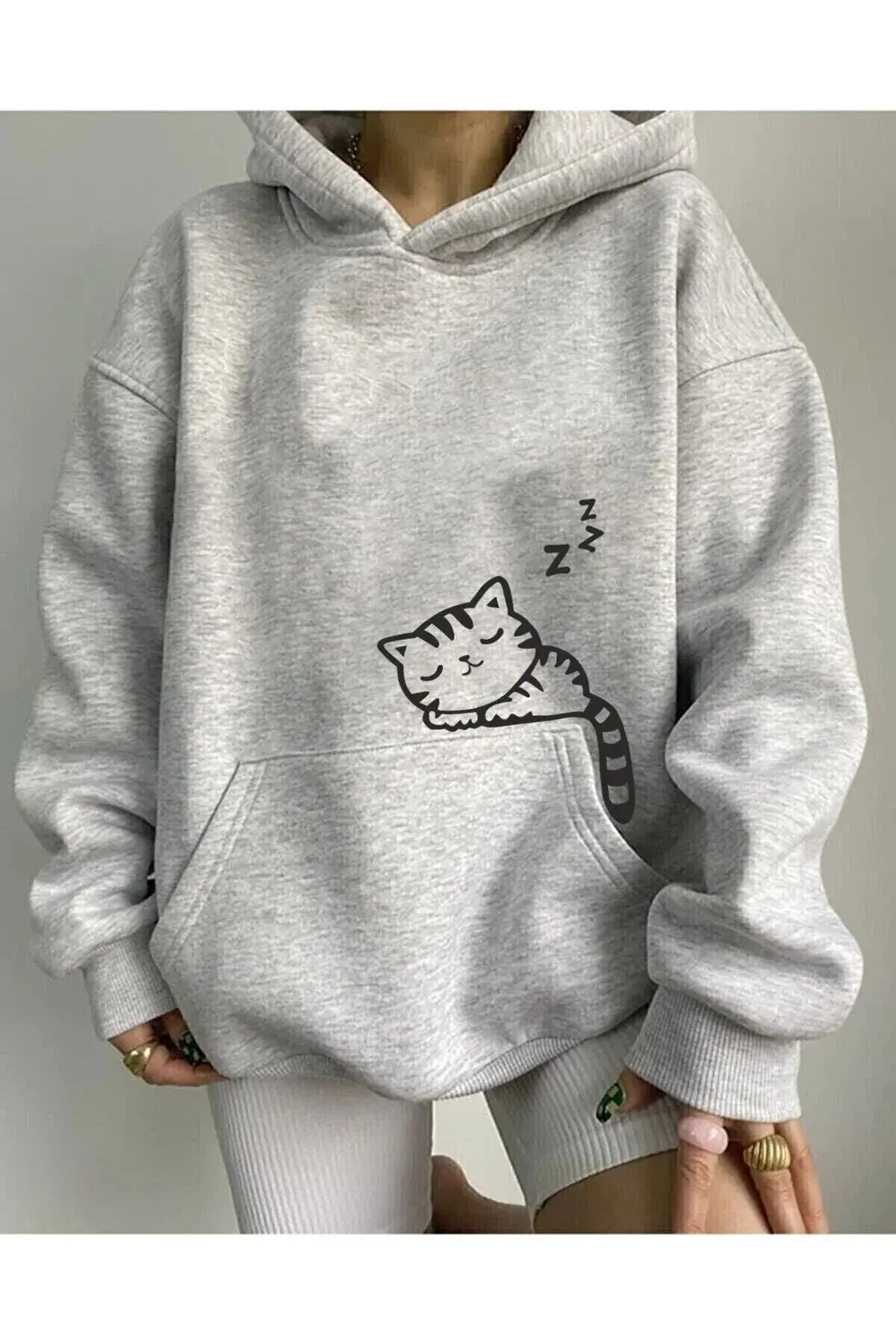 Üniseks Baskı Oversize Kapüşonlu Sweatshirt