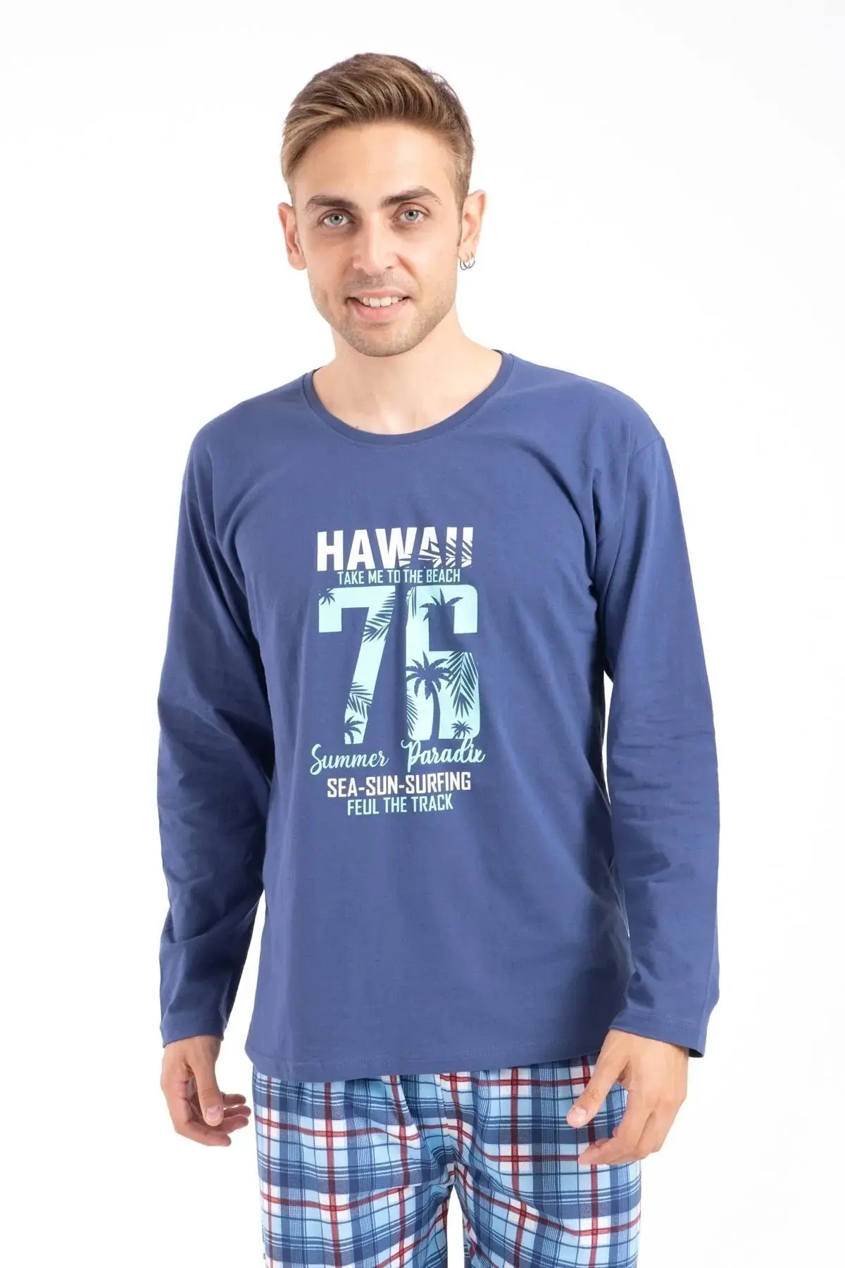 Erkek Büyük Beden Baskılı Pijama Takımı Uzun Kollu Tampap 2170-B