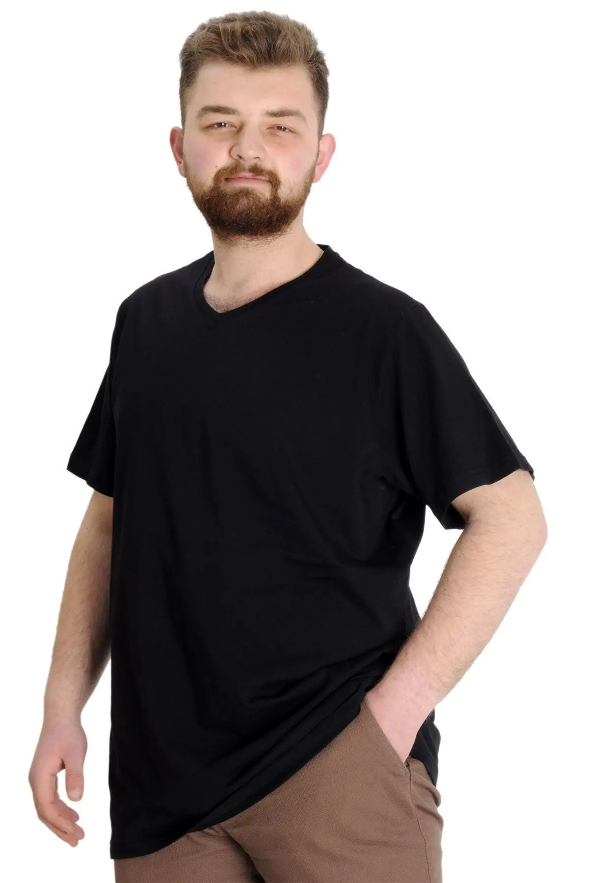 Mode Xl Büyük Beden Erkek Tshirt V Yaka 20032 Siyah