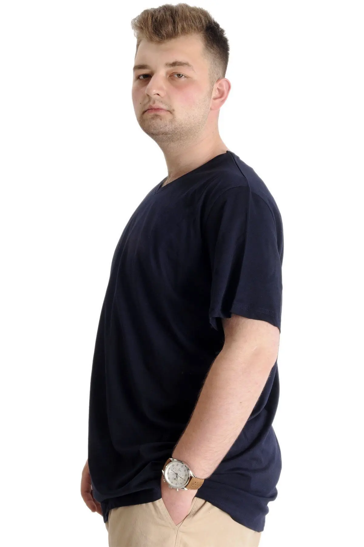 Mode Xl Büyük Beden Erkek Tshirt V Yaka 20032 Lacivert