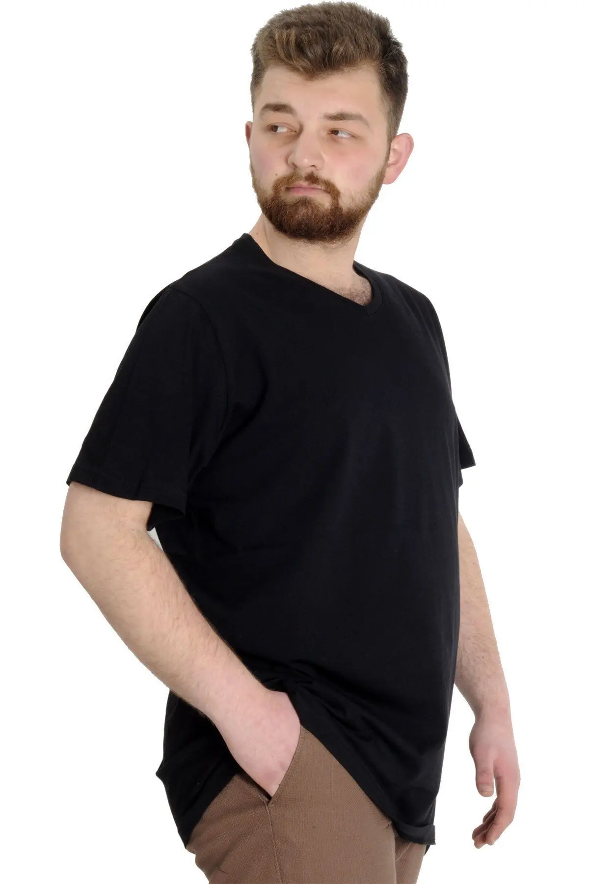 Mode Xl Büyük Beden Erkek Tshirt V Yaka 20032 Siyah