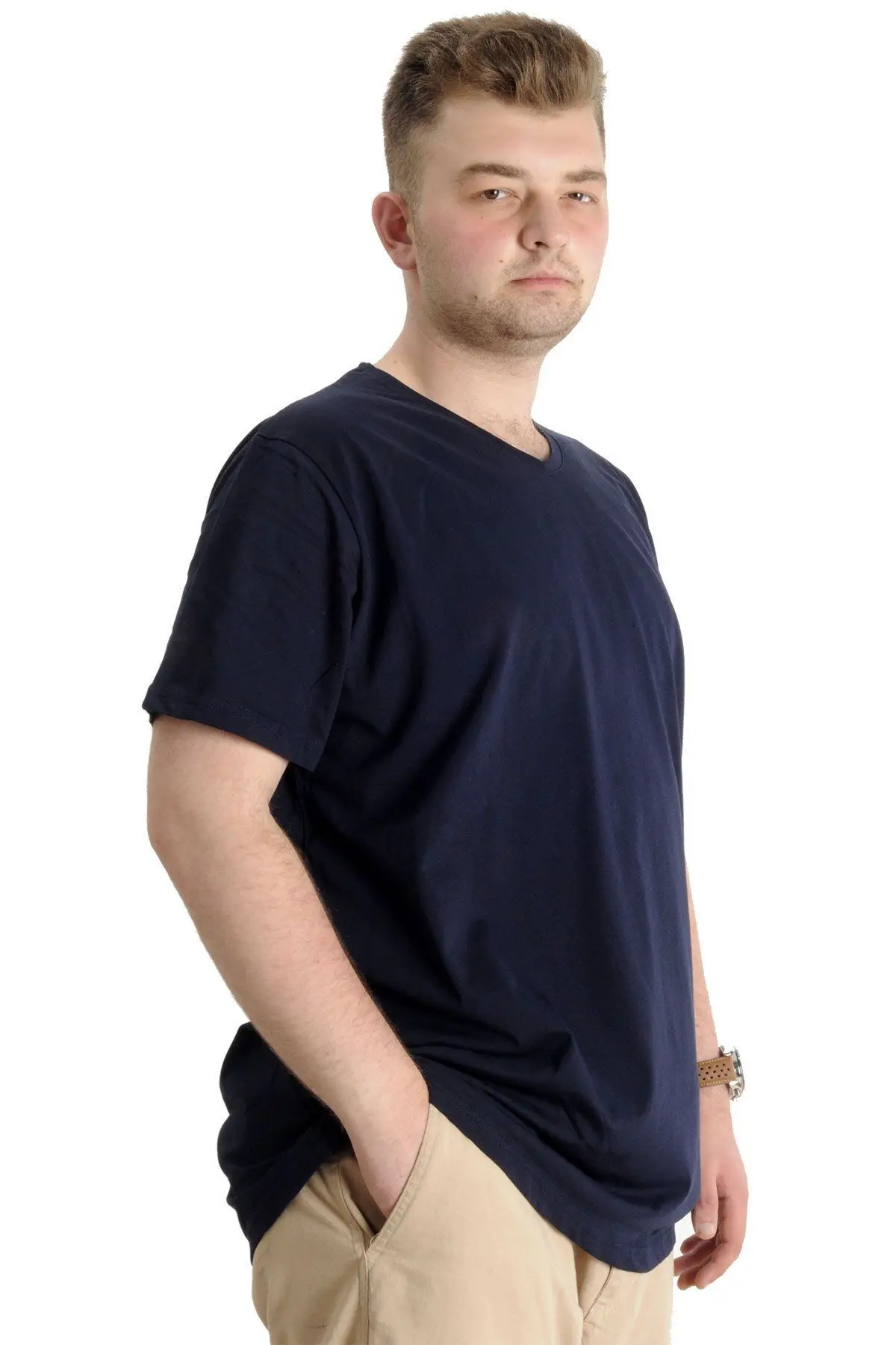 Mode Xl Büyük Beden Erkek Tshirt V Yaka 20032 Lacivert